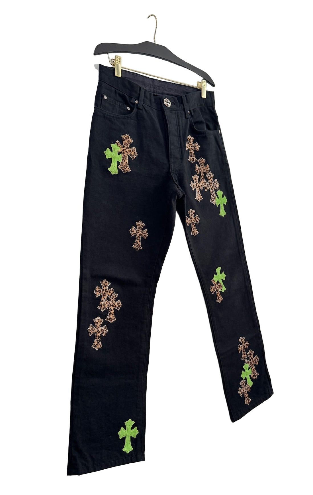 Chrome Hearts Black Jeans with Green and Leopard Print Cross Patches