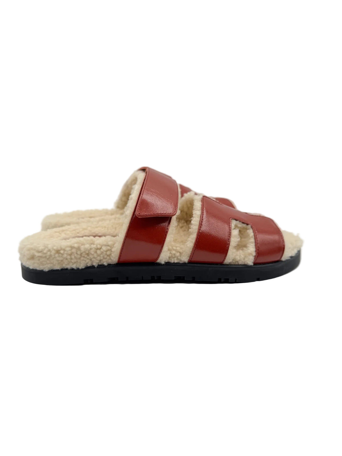 Hermès Rouge Sanguine and Ivory Shearling Chypre Sandals