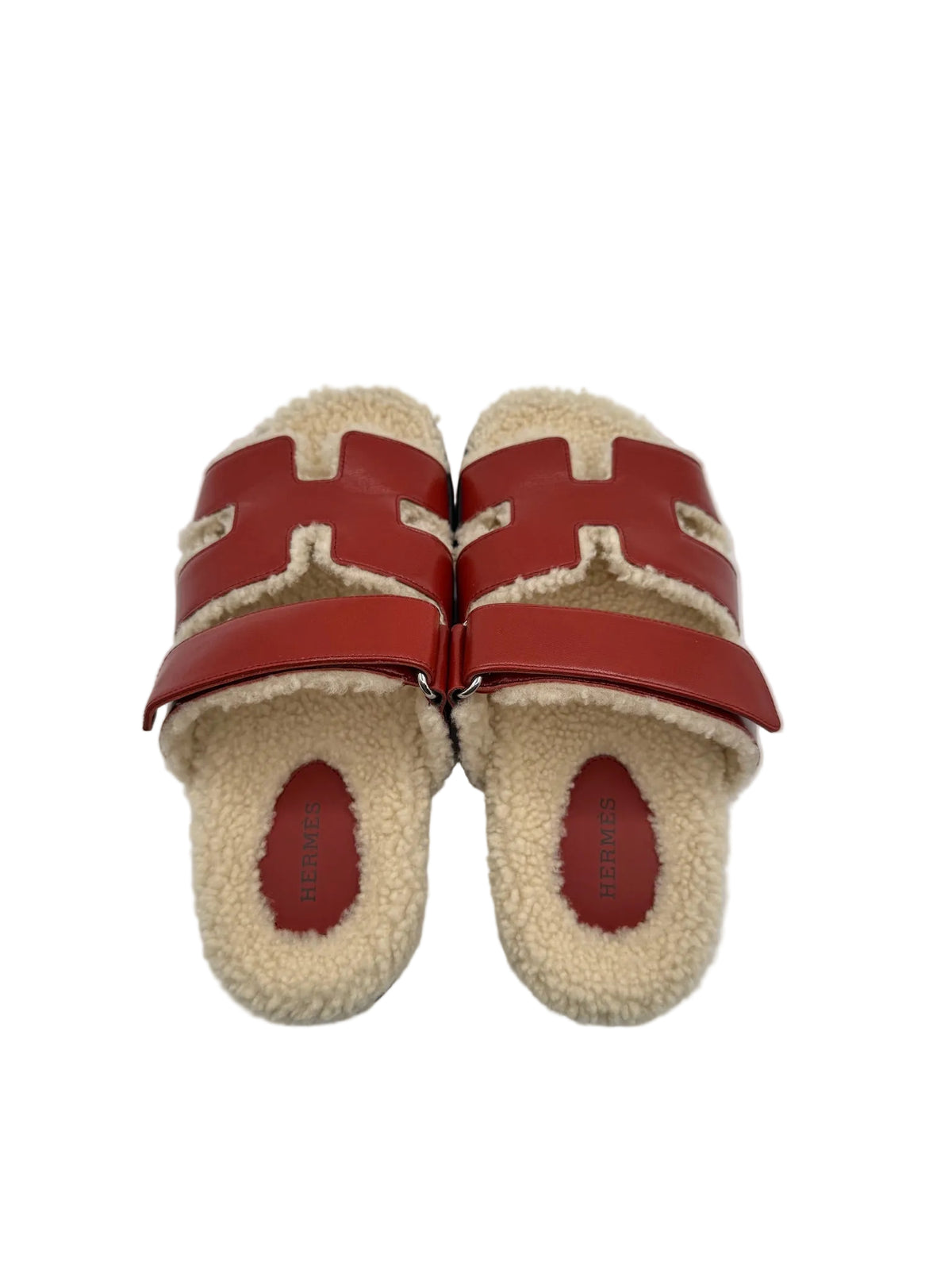 Hermès Rouge Sanguine and Ivory Shearling Chypre Sandals