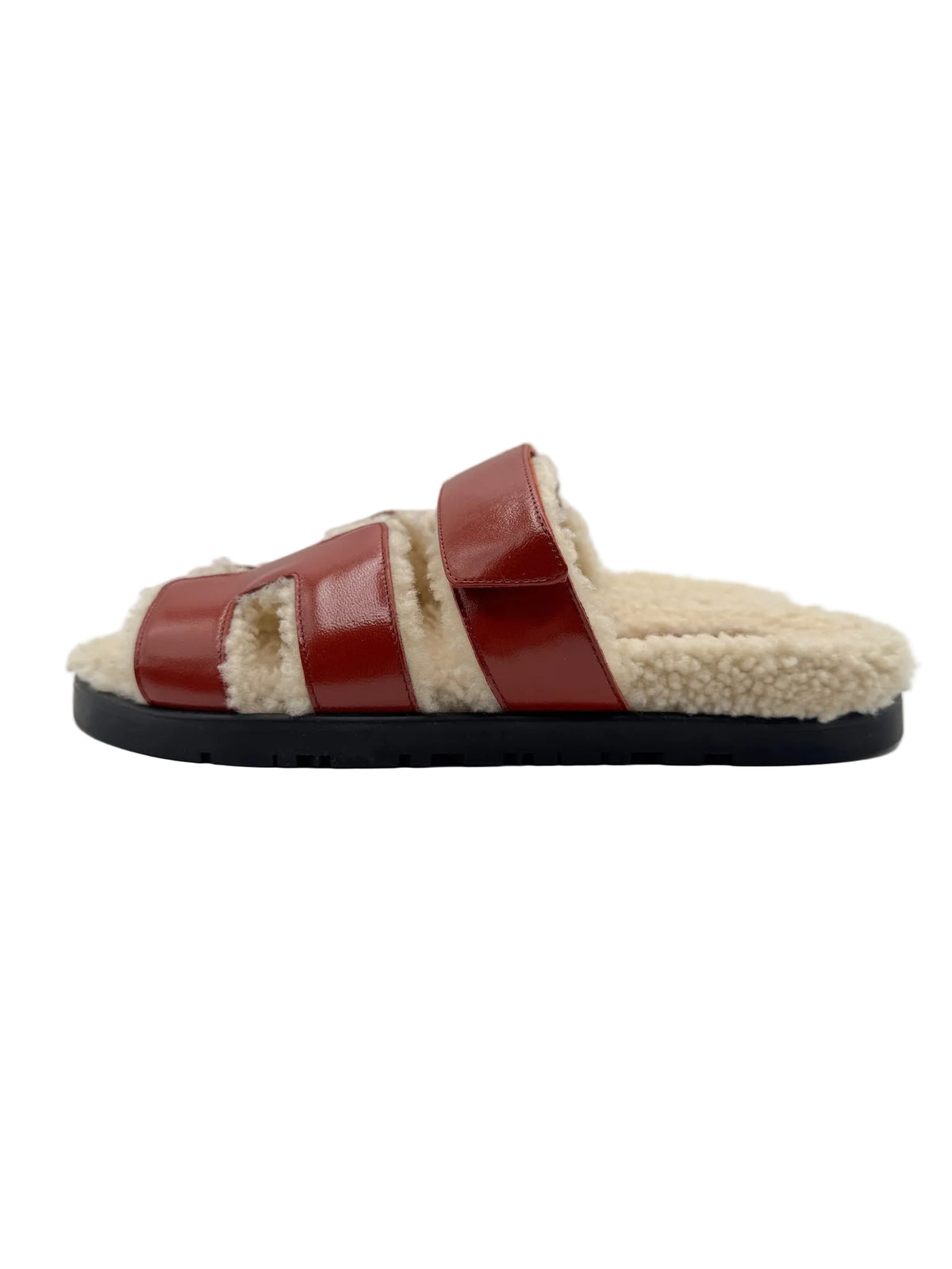 Hermès Rouge Sanguine and Ivory Shearling Chypre Sandals