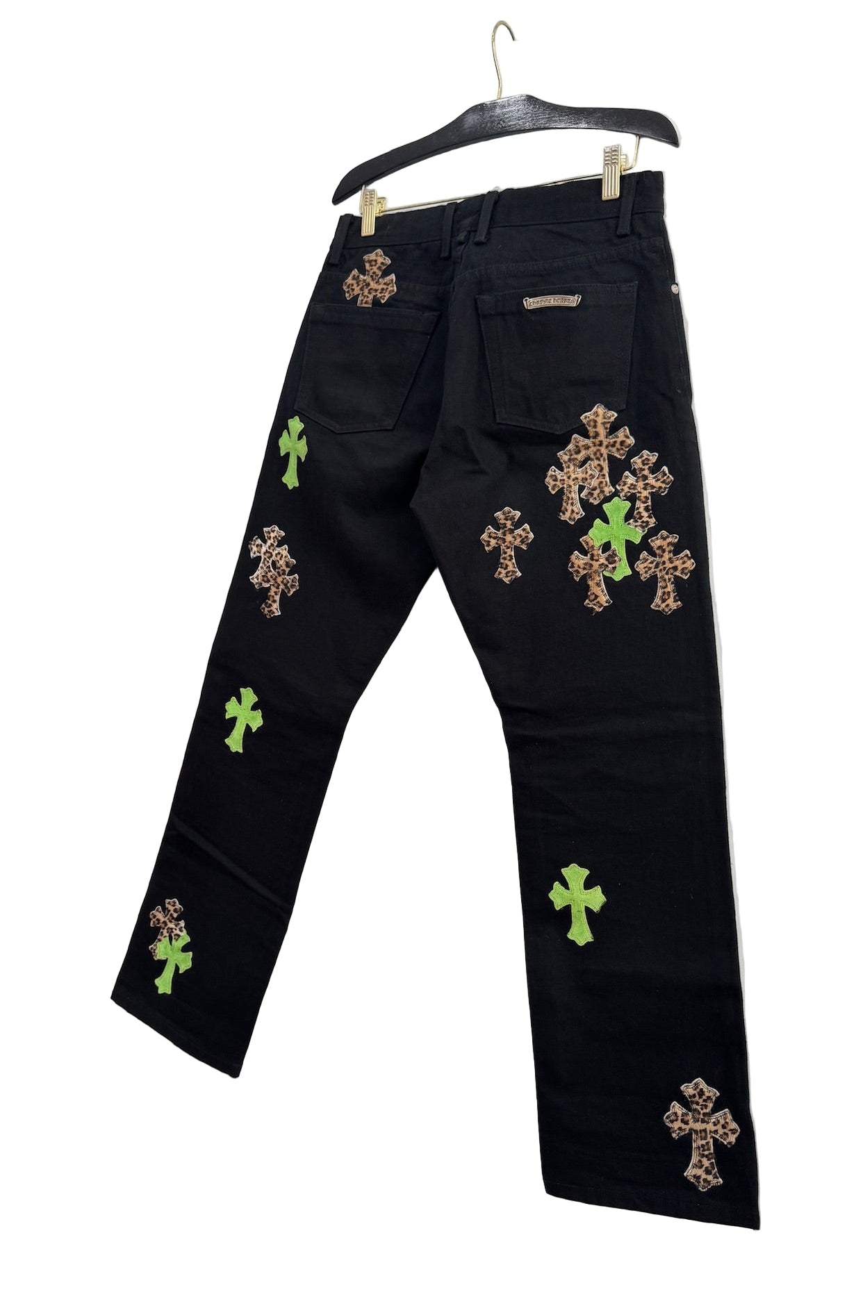 Chrome Hearts Black Jeans with Green and Leopard Print Cross Patches