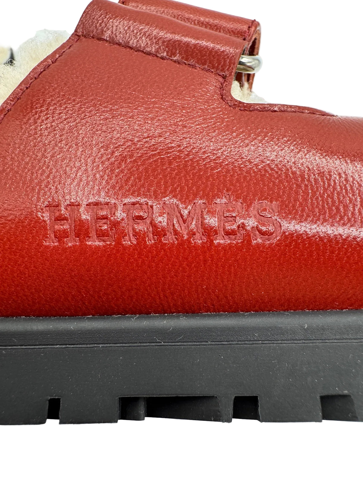 Hermès Rouge Sanguine and Ivory Shearling Chypre Sandals