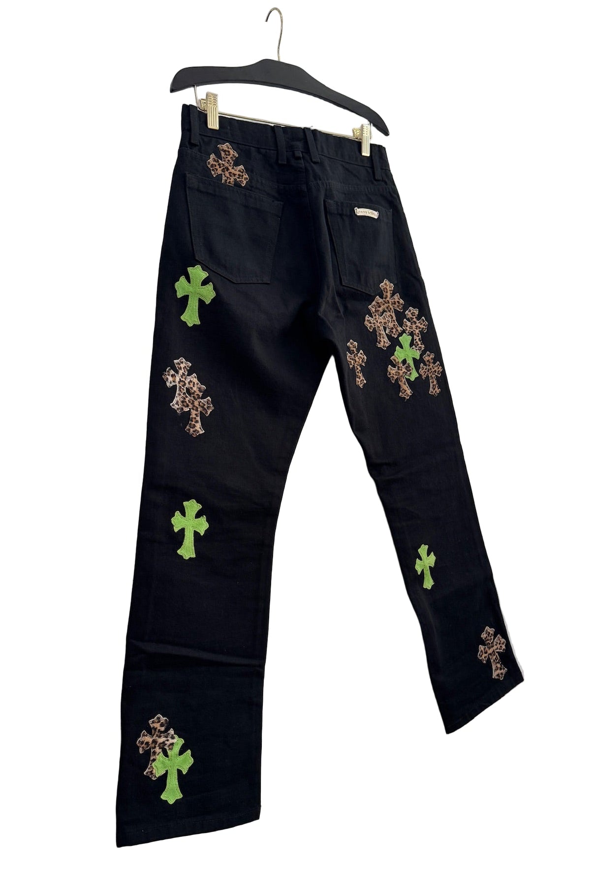 Chrome Hearts Black Jeans with Green and Leopard Print Cross Patches