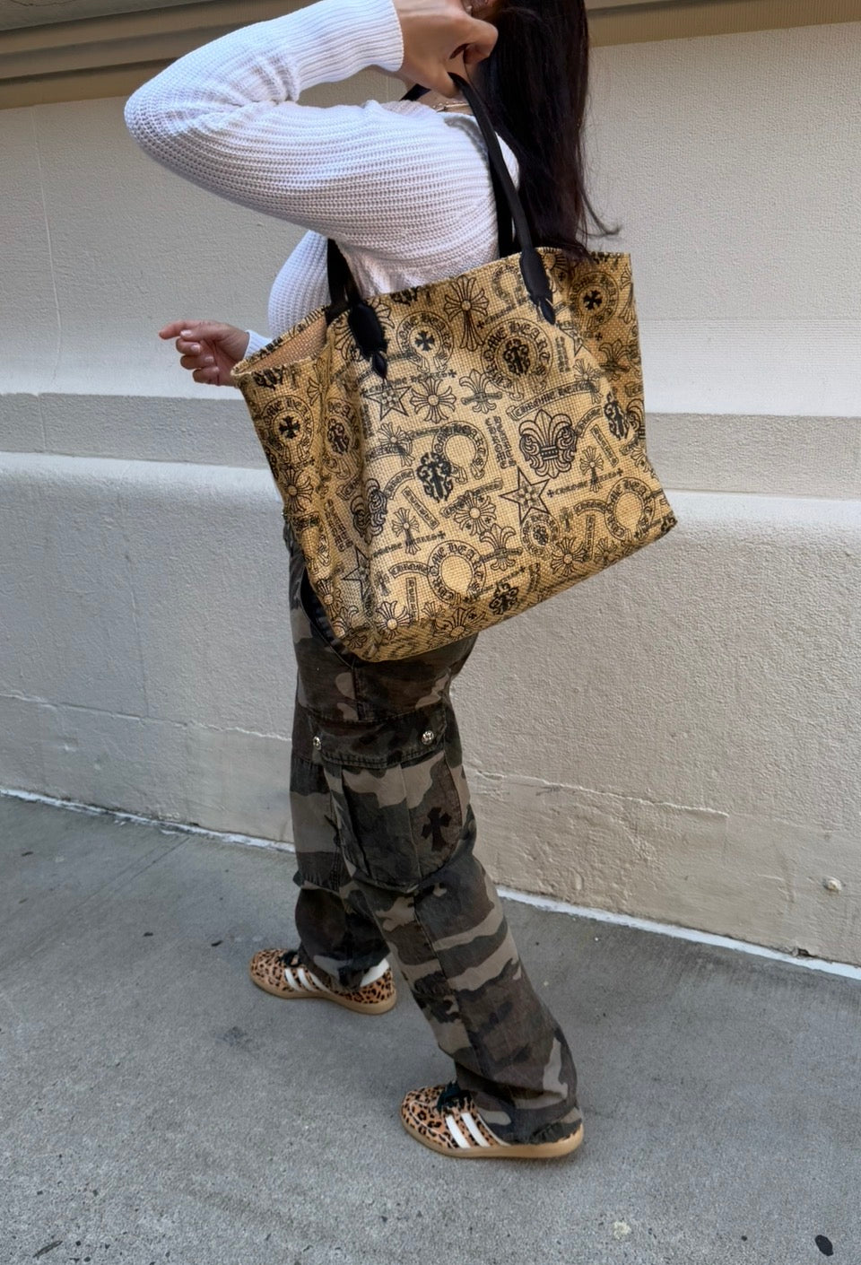 Chrome Hearts Beige and Black Raffia Tote Bag