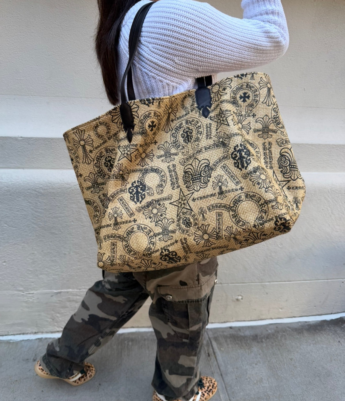 Chrome Hearts Beige and Black Raffia Tote Bag