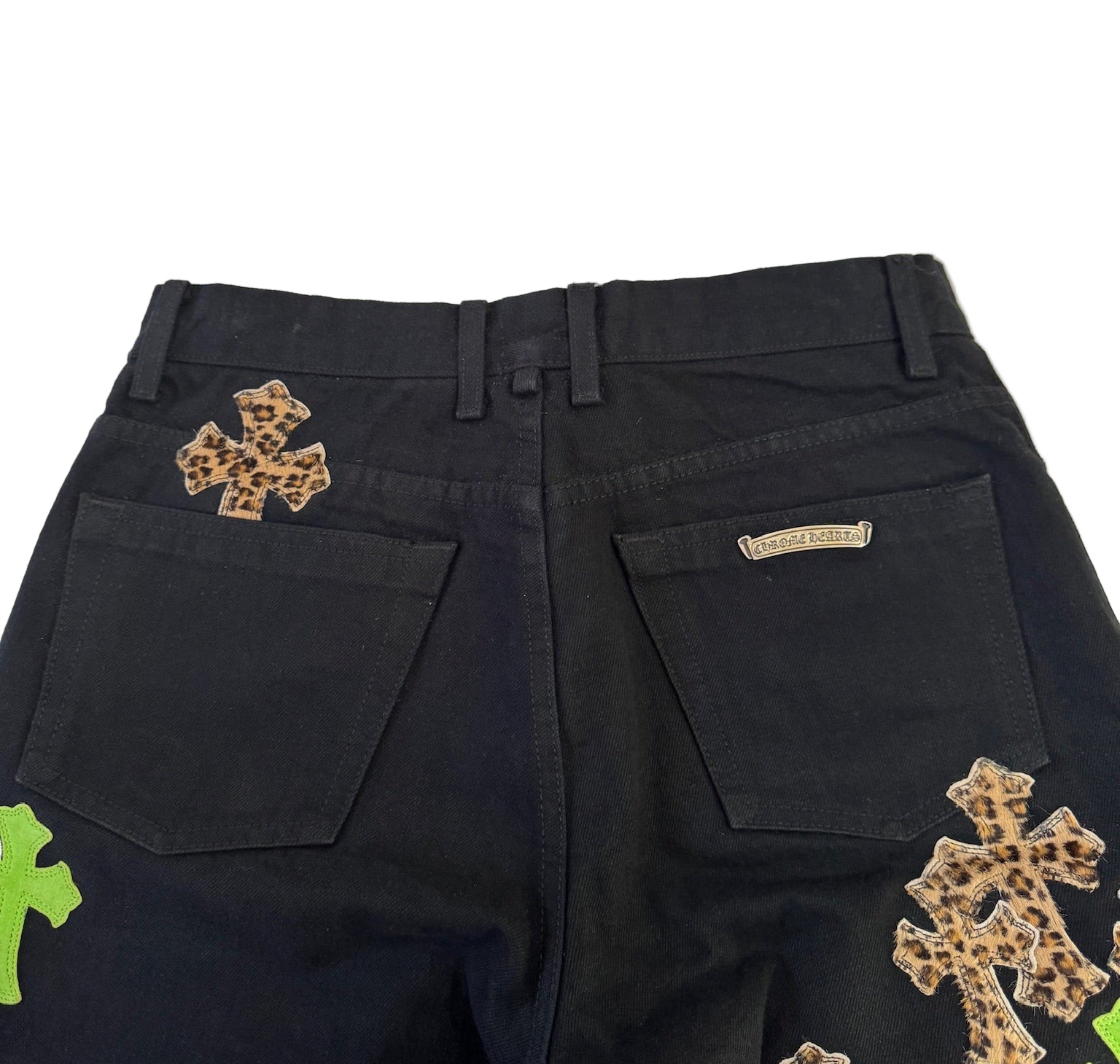 Chrome Hearts Black Jeans with Green and Leopard Print Cross Patches