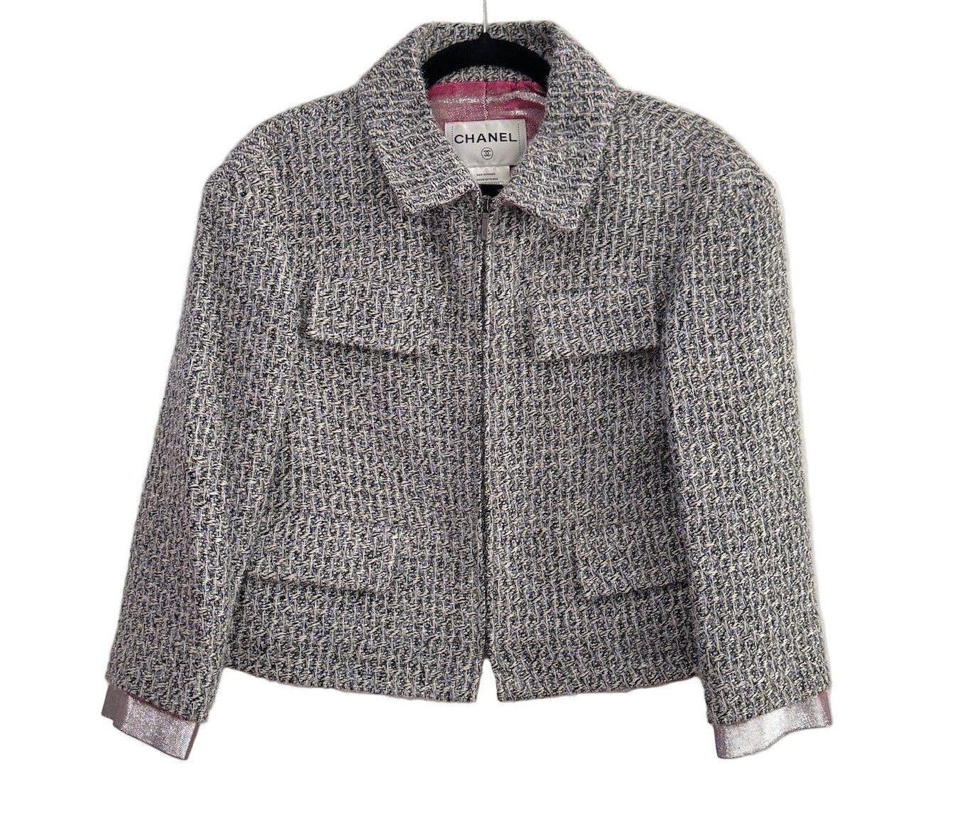 CHANEL Fantasy Tweed Jacket Gray and Metallic Blue