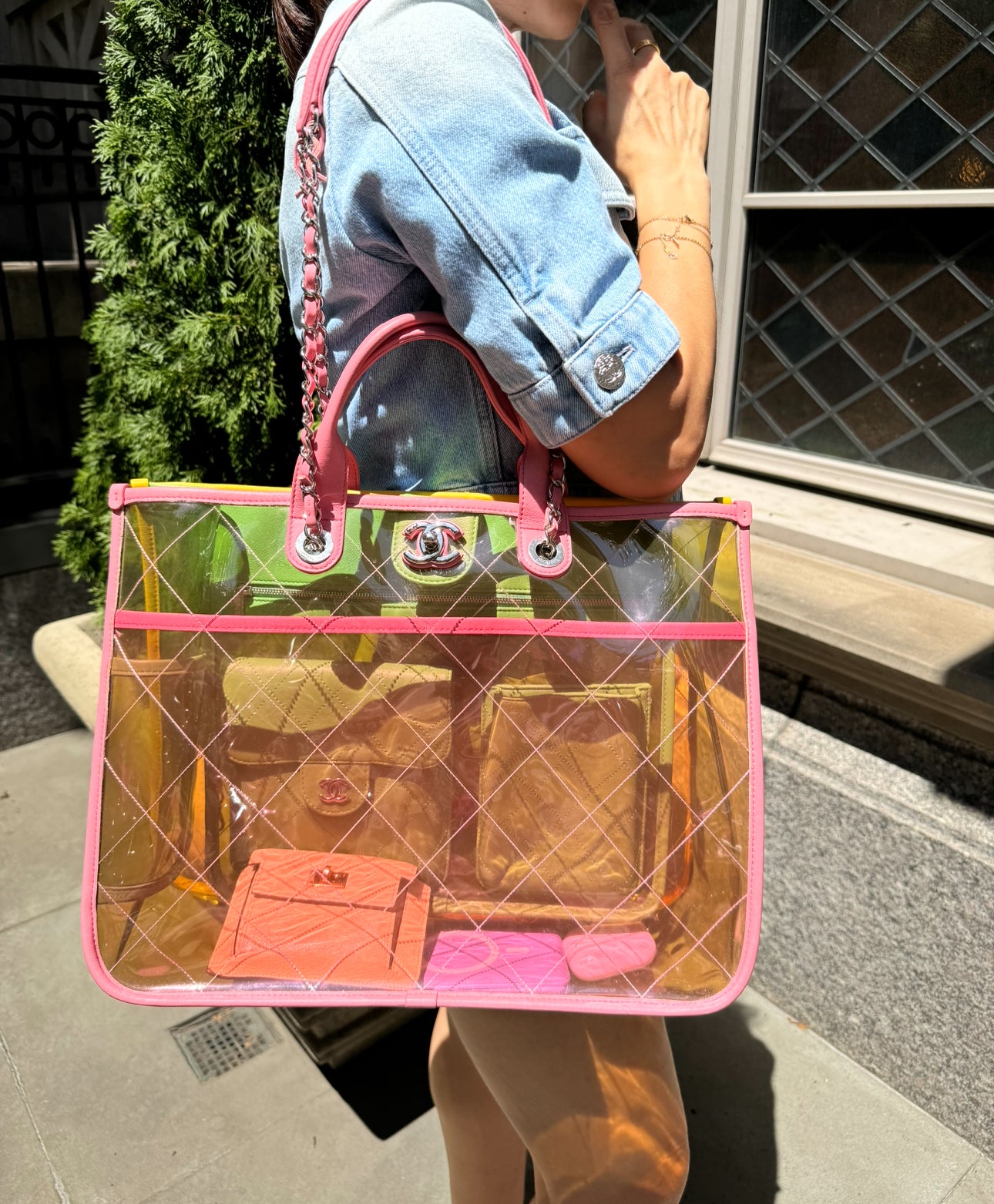 Chanel Coco Splash Yellow, Pink and Green Colorful PVC Transparent Medium Size Tote Bag with Lambskin Leather and Silver Hardware
