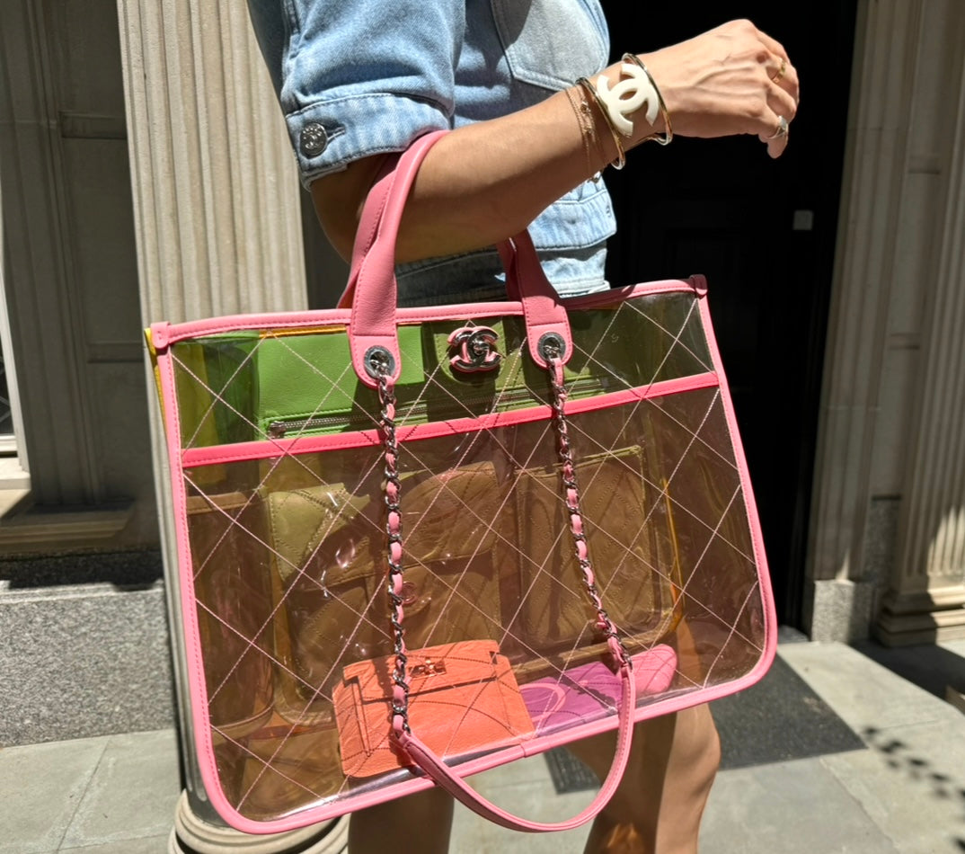 Chanel Coco Splash Yellow, Pink and Green Colorful PVC Transparent Medium Size Tote Bag with Lambskin Leather and Silver Hardware