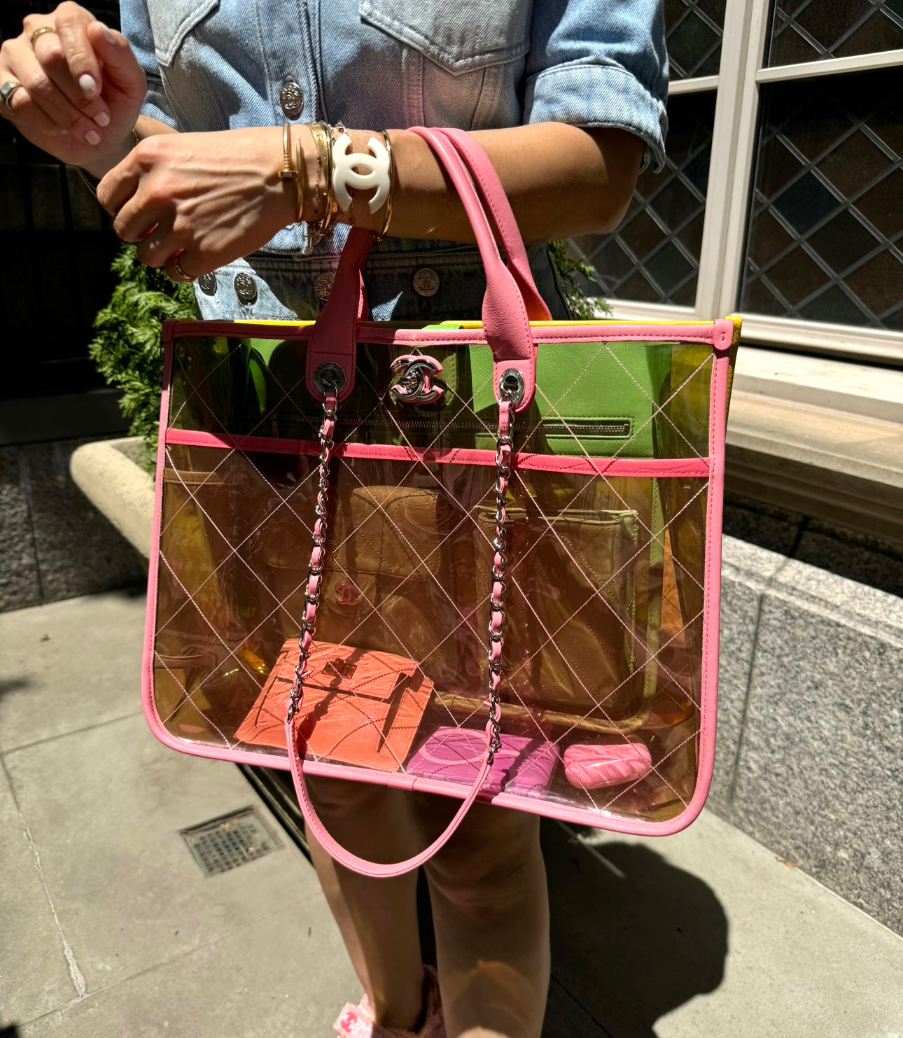 Chanel Coco Splash Yellow, Pink and Green Colorful PVC Transparent Medium Size Tote Bag with Lambskin Leather and Silver Hardware