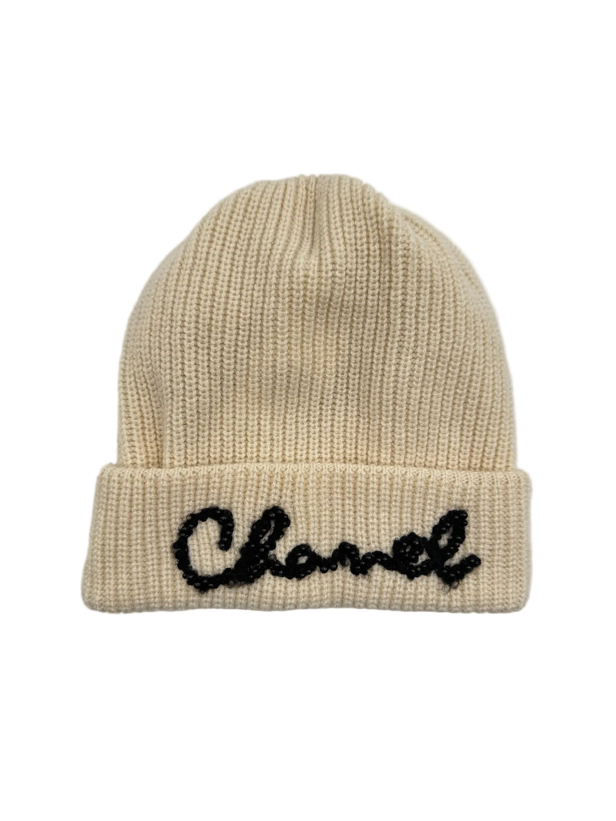 Chanel White Beanie with Black Pearls Logo