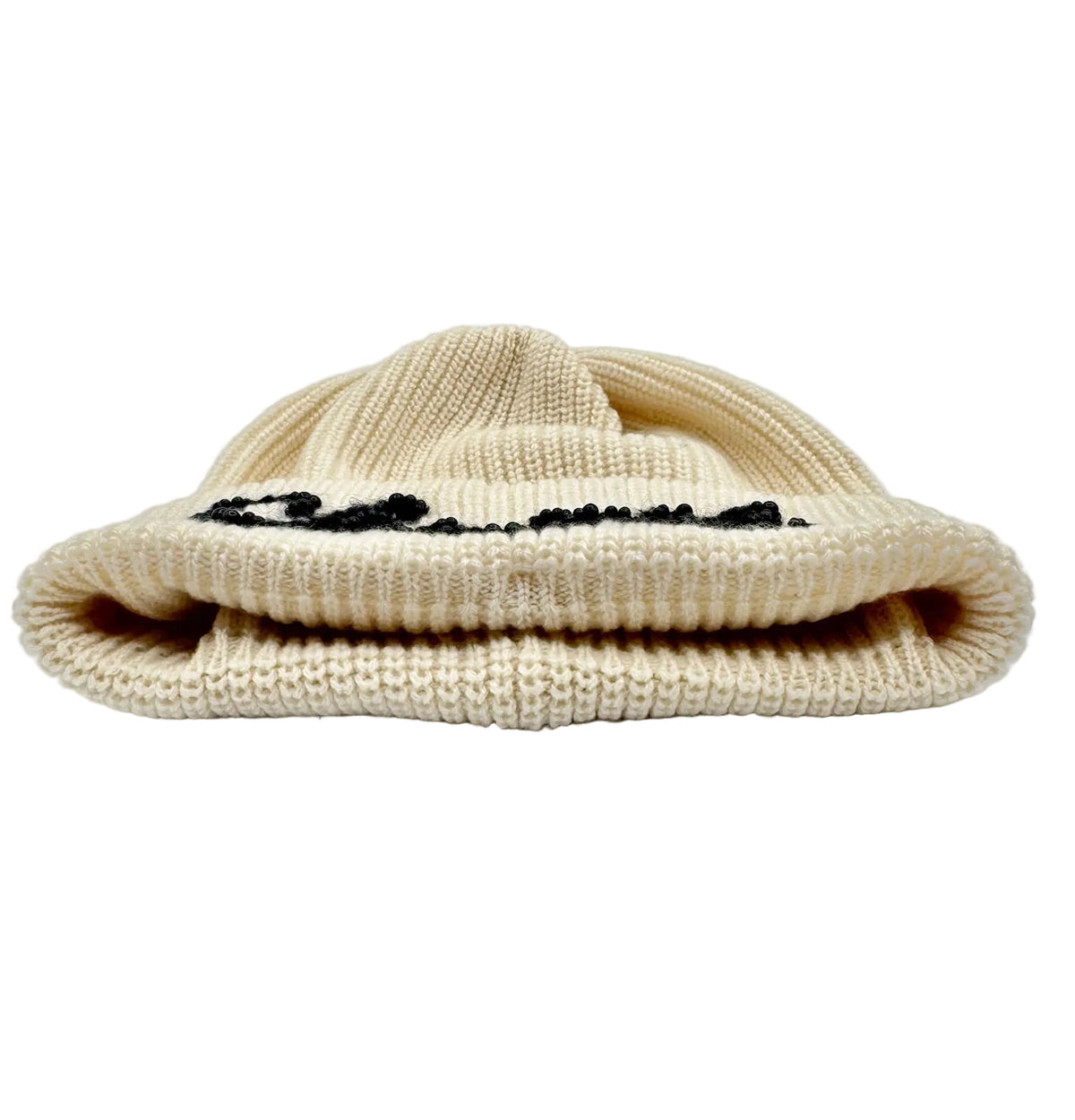 Chanel White Beanie with Black Pearls Logo