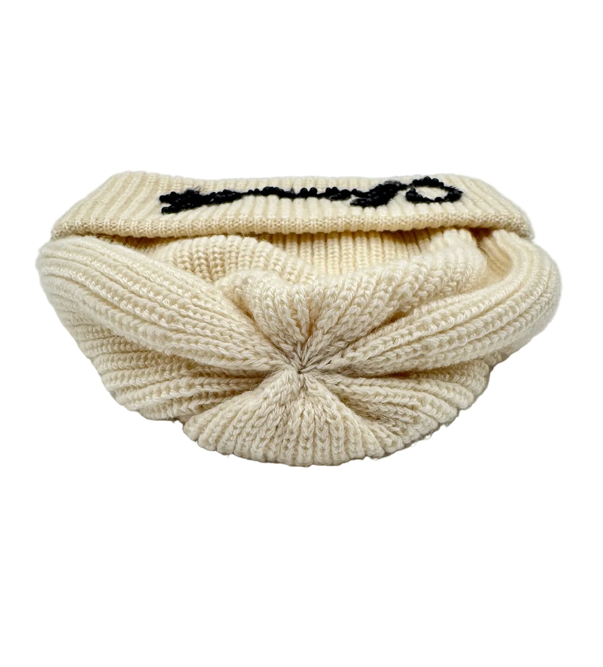 Chanel White Beanie with Black Pearls Logo