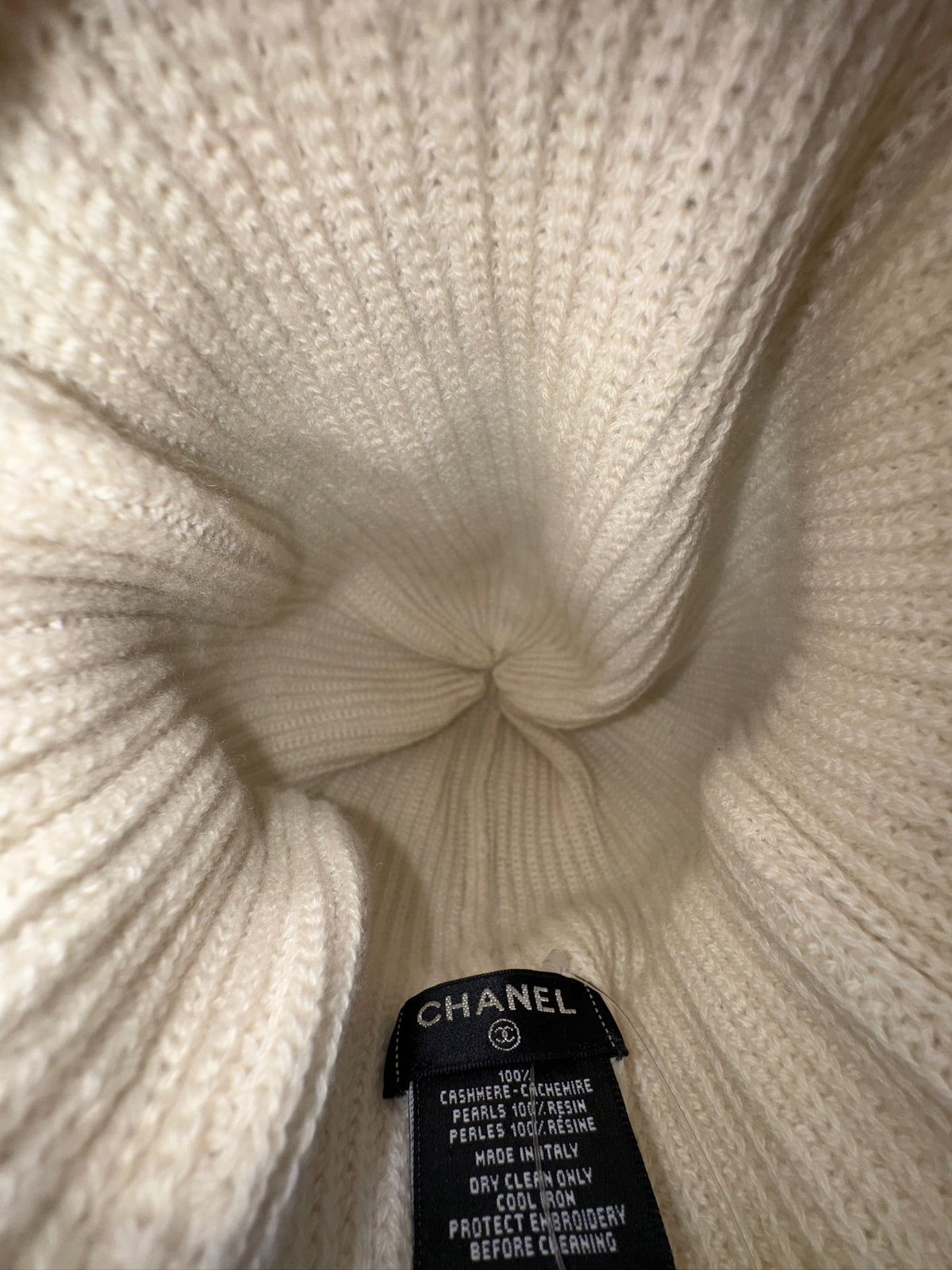 Chanel White Beanie with Black Pearls Logo