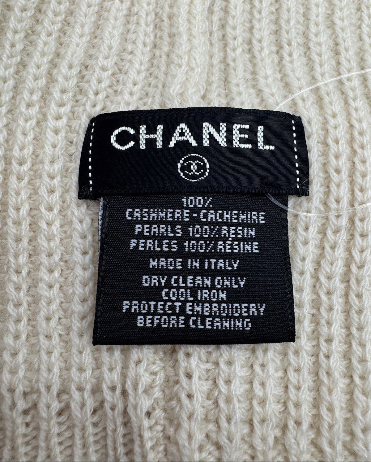 Chanel White Beanie with Black Pearls Logo