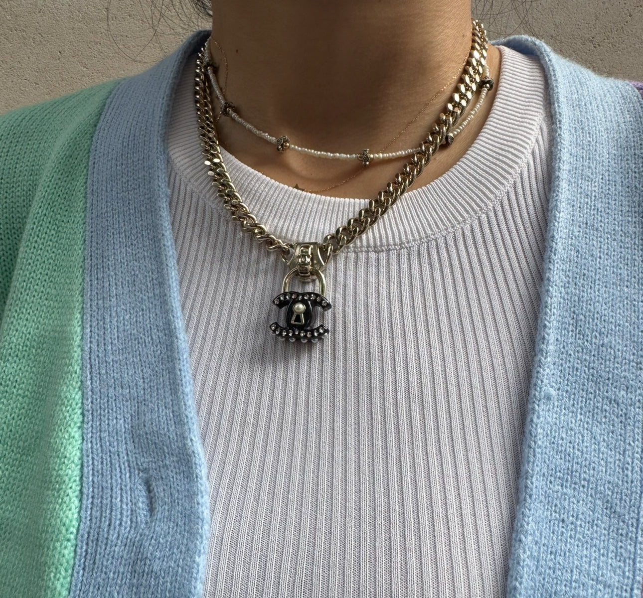 Chanel Black CC Lock Gold Necklace
