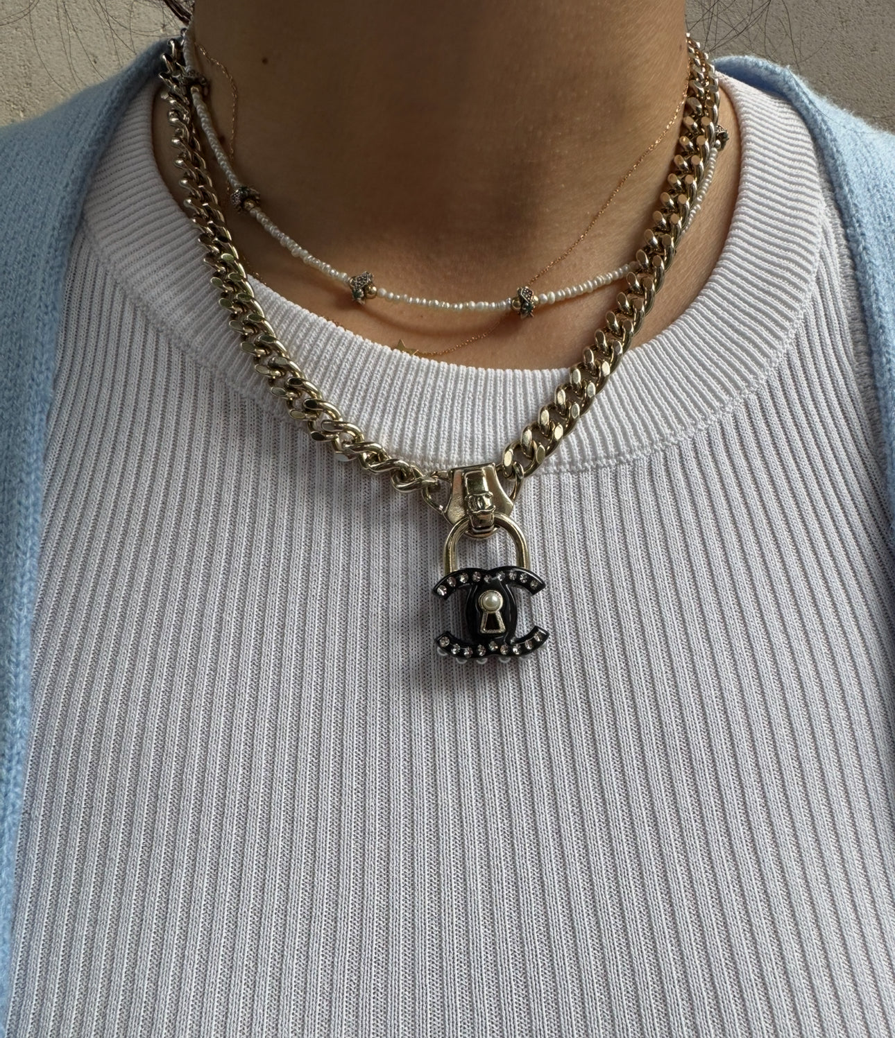 Chanel Black CC Lock Gold Necklace