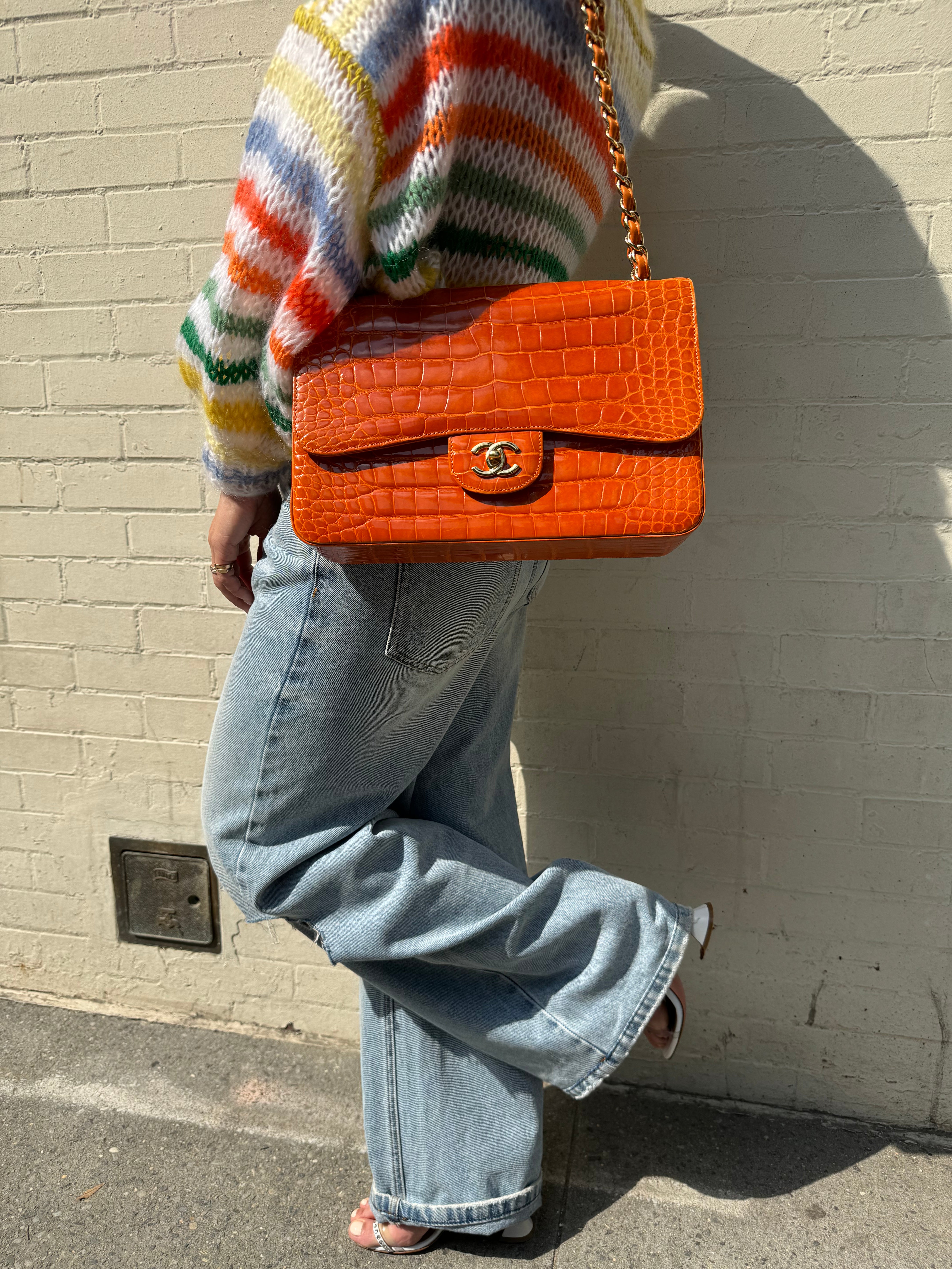 Chanel Orange Alligator Large Classic Double Flapbag