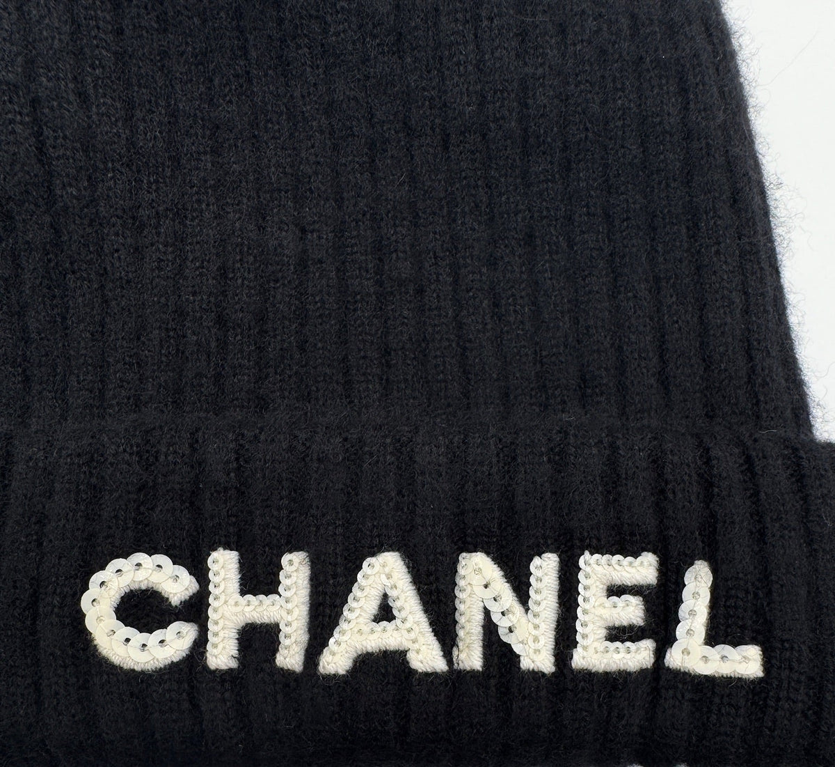 Chanel Black Beanie with White Chanel Sequins Logo