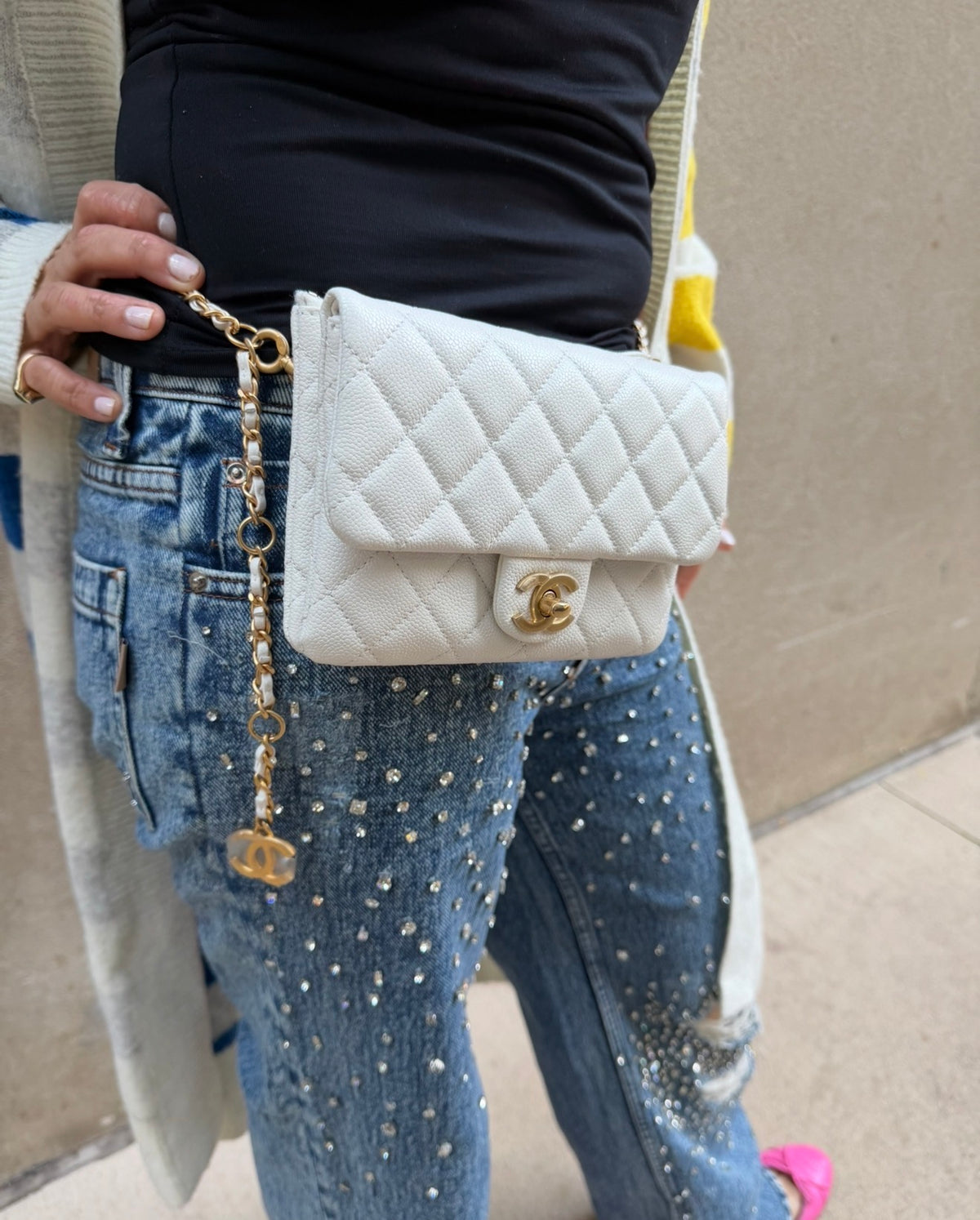 CHANEL White Leather Waist Bag with CC Belt Charm