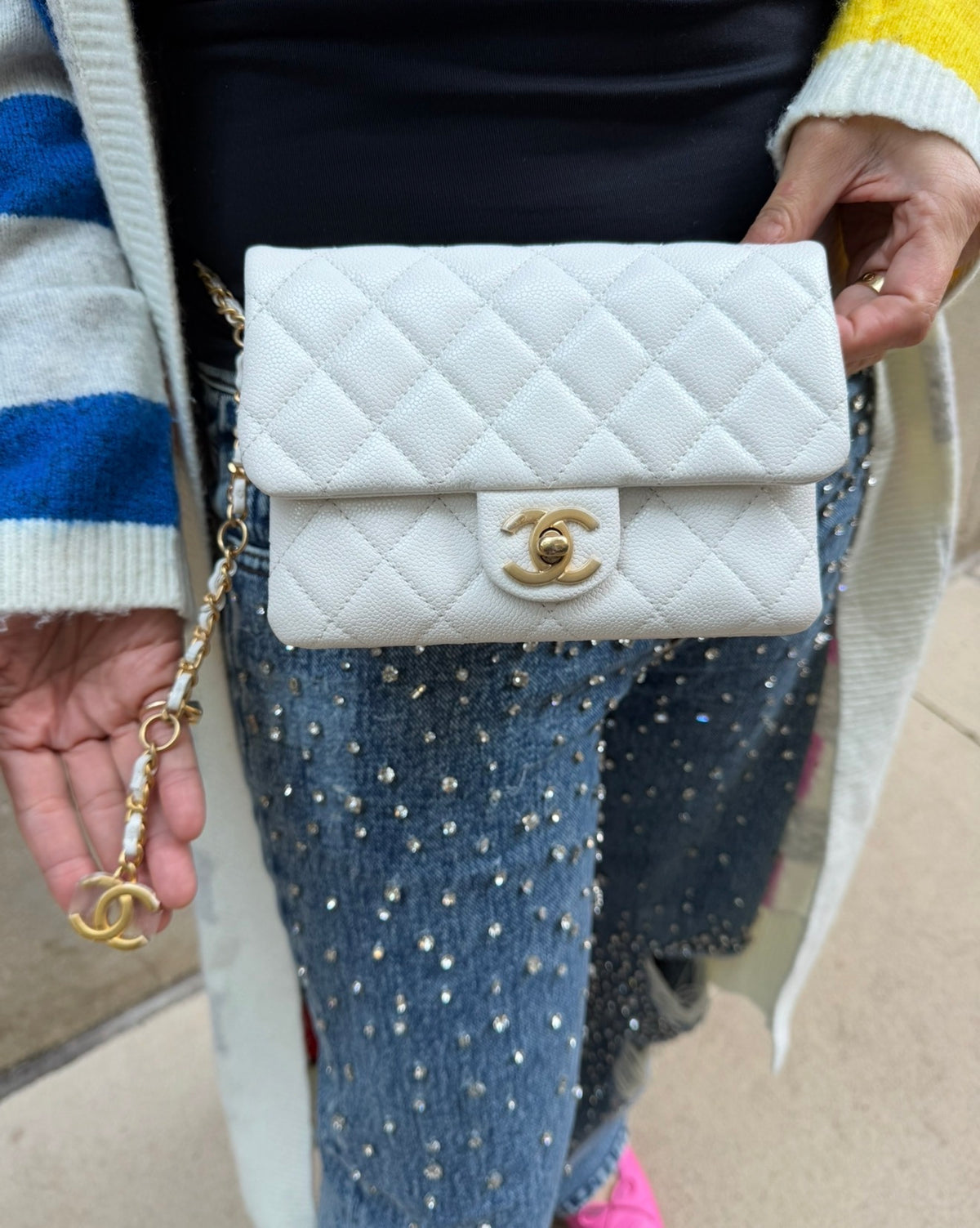 CHANEL White Leather Waist Bag with CC Belt Charm
