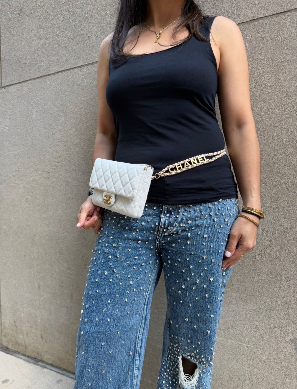 CHANEL White Leather Waist Bag with CC Belt Charm