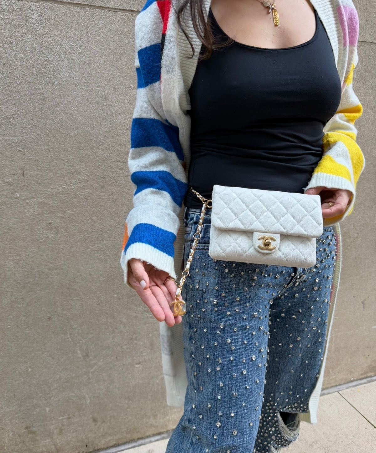 CHANEL White Leather Waist Bag with CC Belt Charm