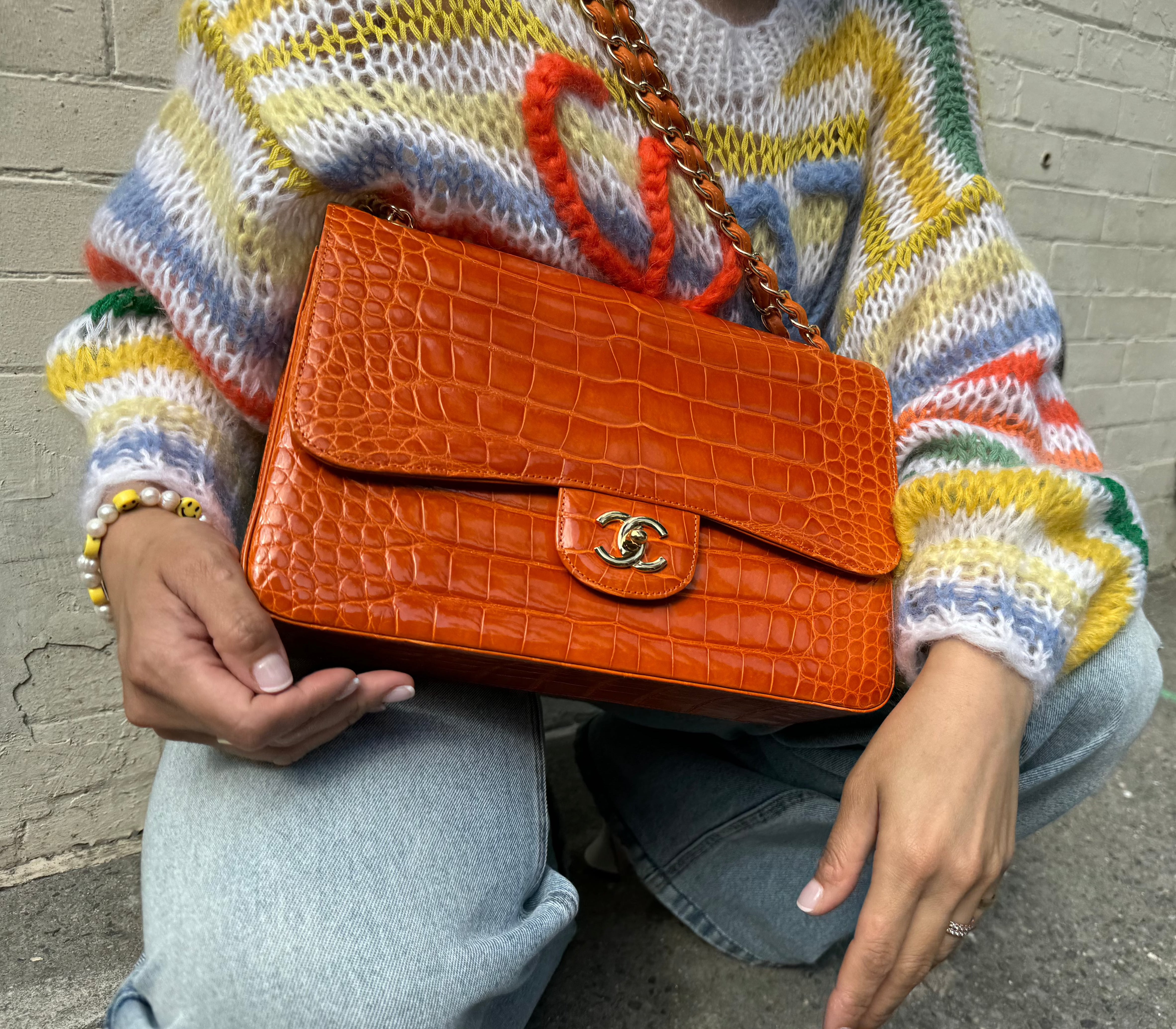Chanel Orange Alligator Large Classic Double Flapbag