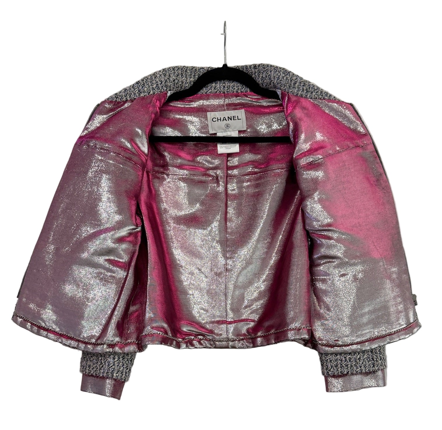 CHANEL Fantasy Tweed Jacket Gray and Metallic Blue
