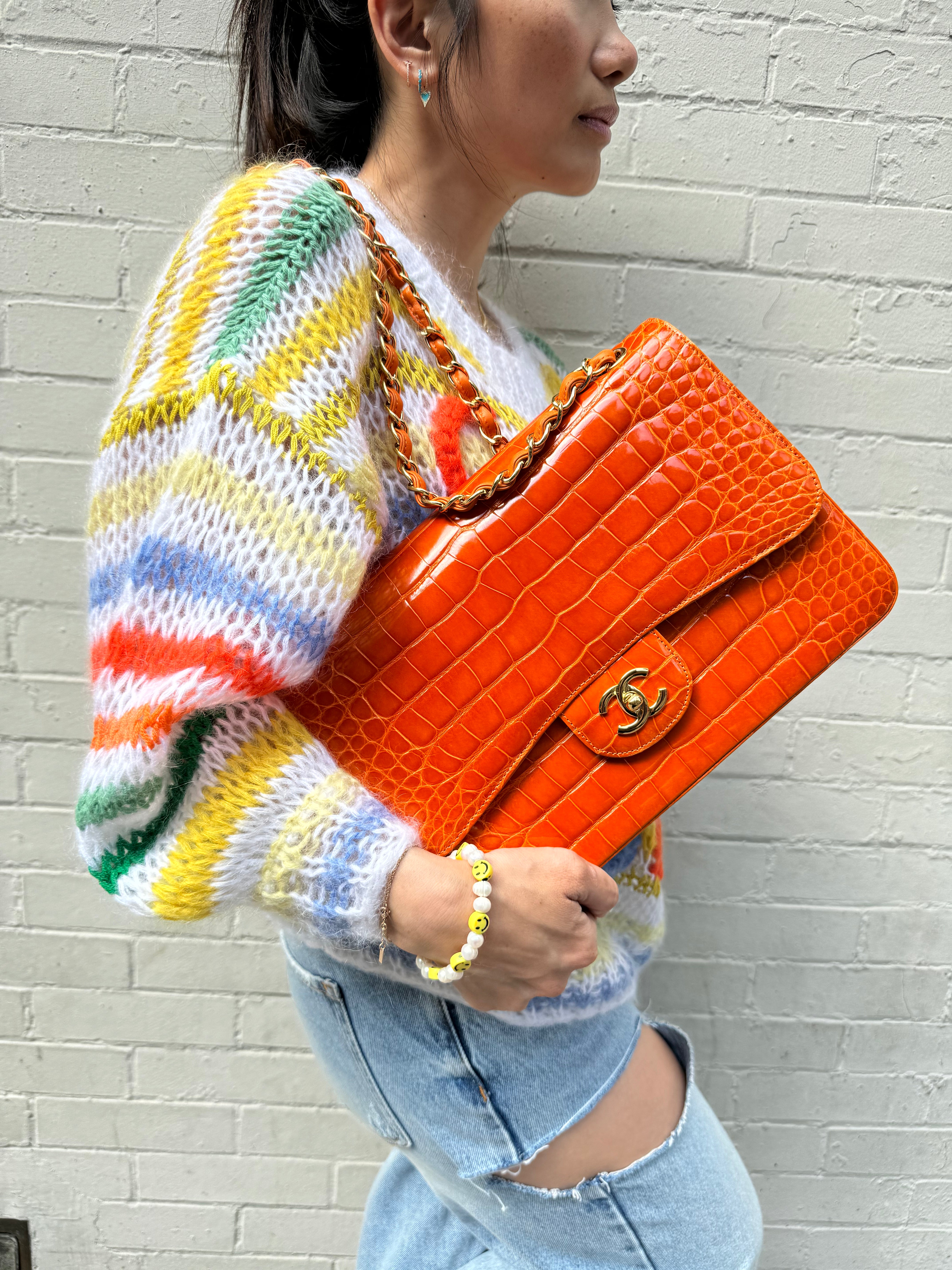 Chanel Orange Alligator Large Classic Double Flapbag