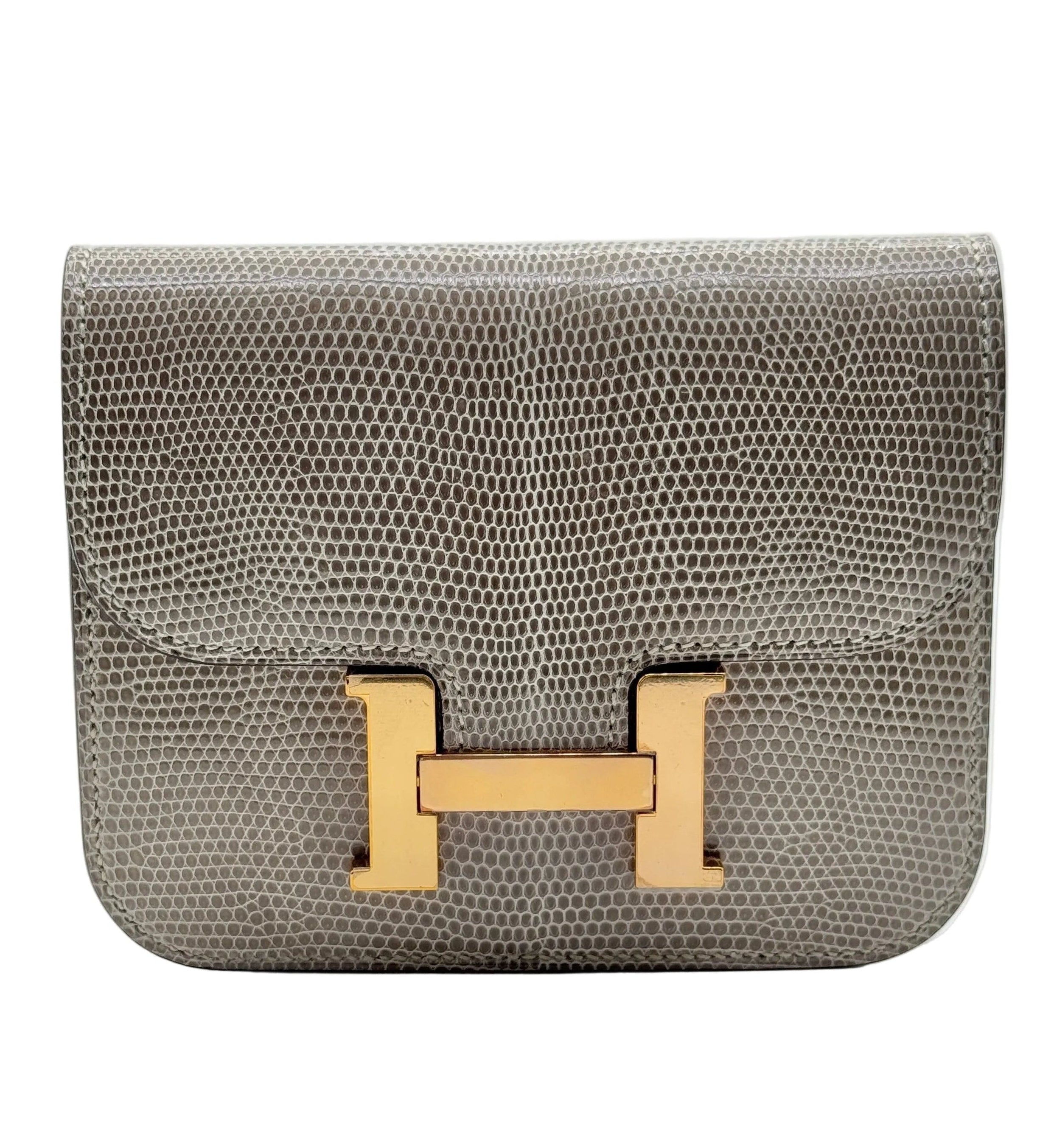 Hermès Constance Slim Wallet Shiny Niloticus Lizard Ficelle Rose Gold Hardware 