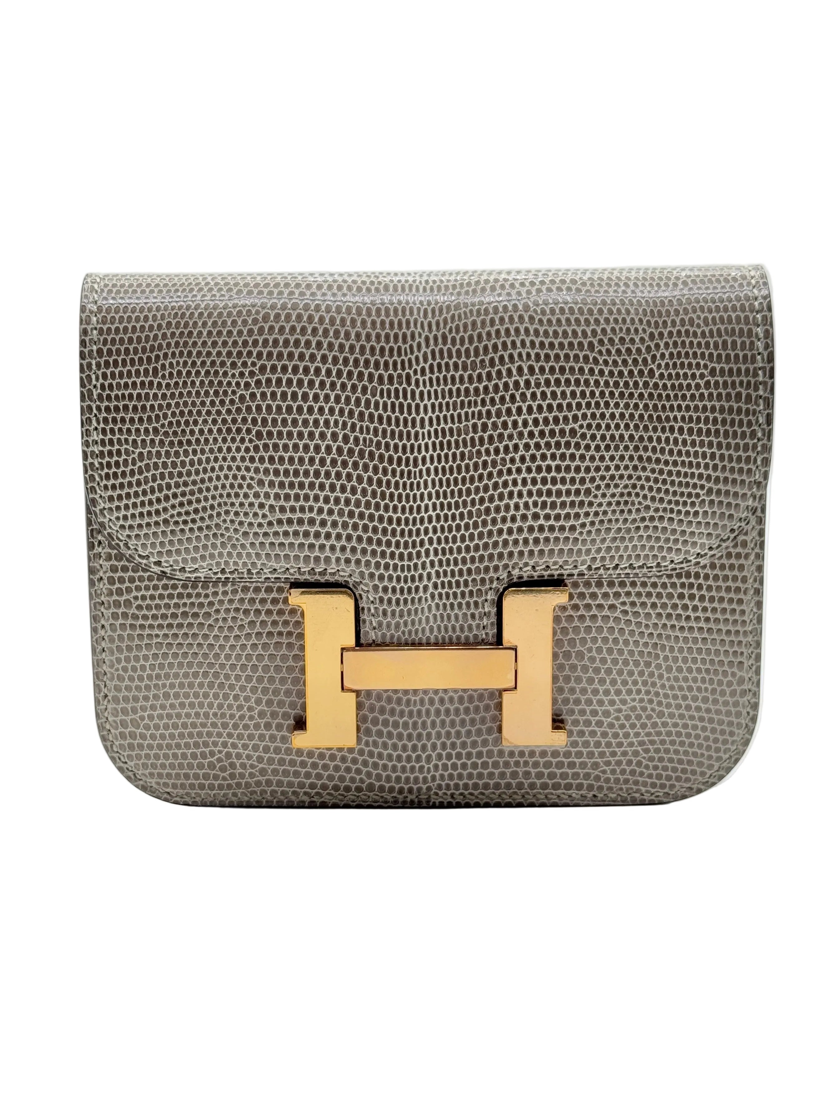 Hermès Constance Slim Wallet Shiny Niloticus Lizard Ficelle Rose Gold Hardware 