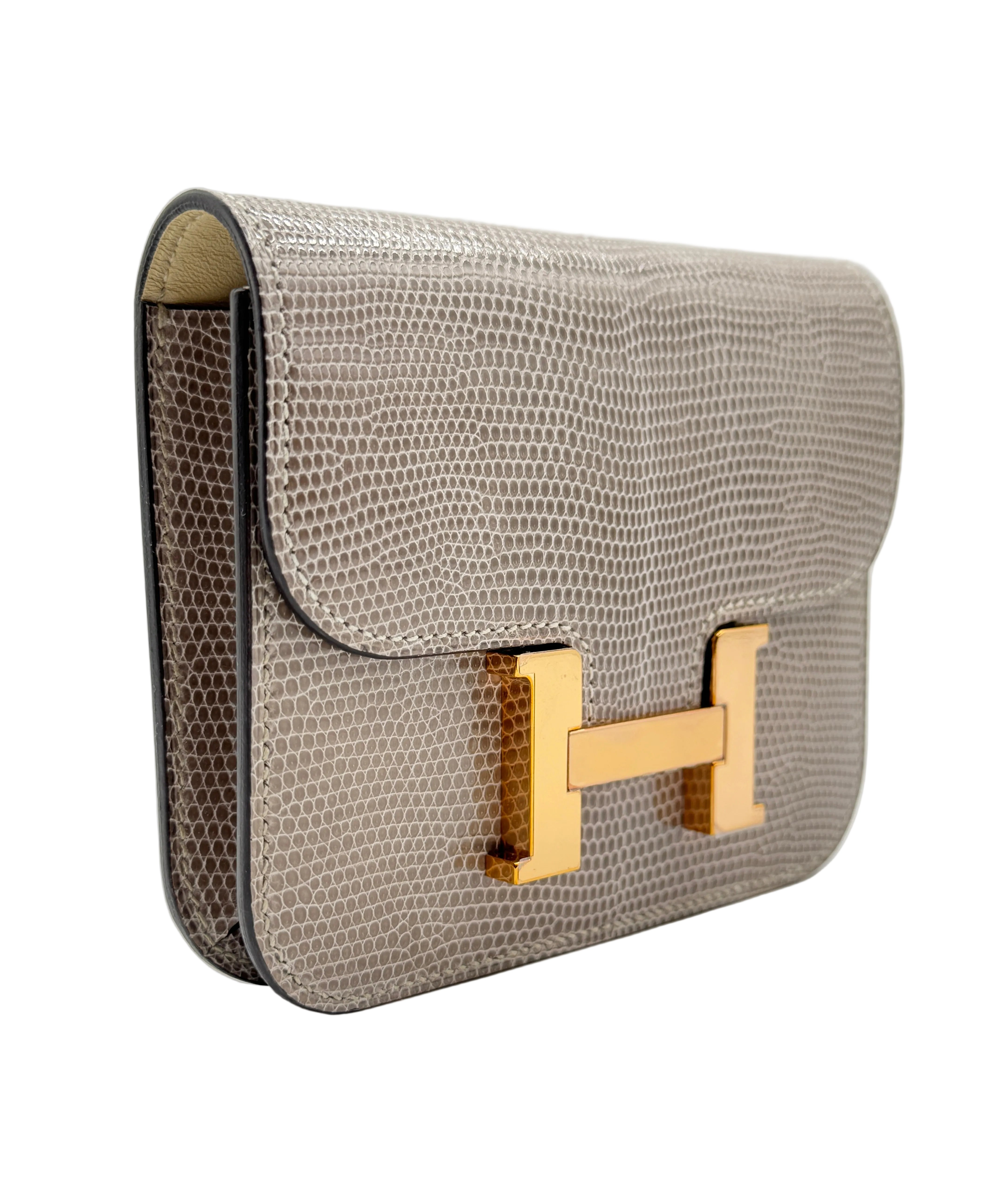 Hermès Constance Slim Wallet Shiny Niloticus Lizard Ficelle Rose Gold Hardware 