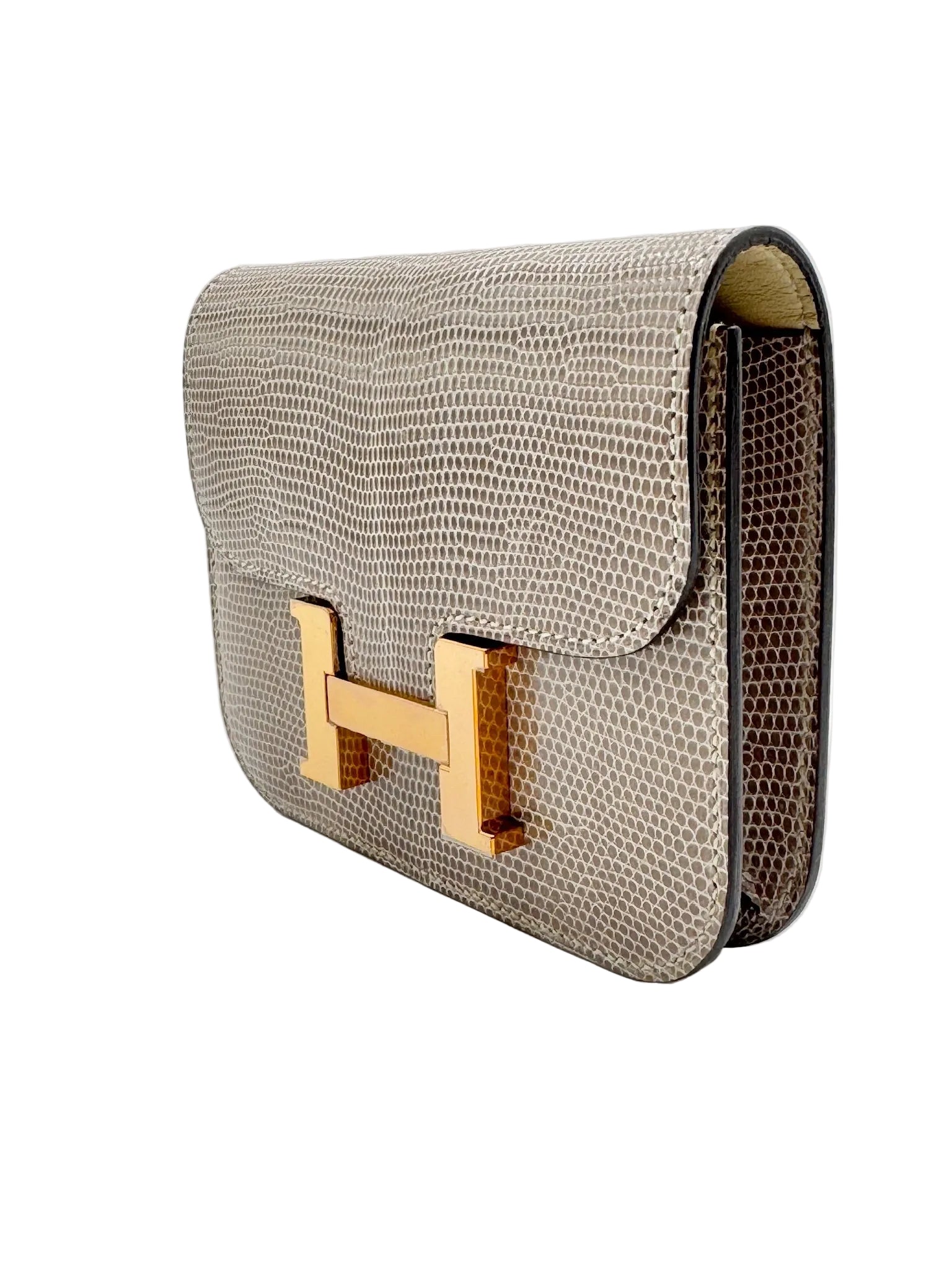 Hermès Constance Slim Wallet Shiny Niloticus Lizard Ficelle Rose Gold Hardware 