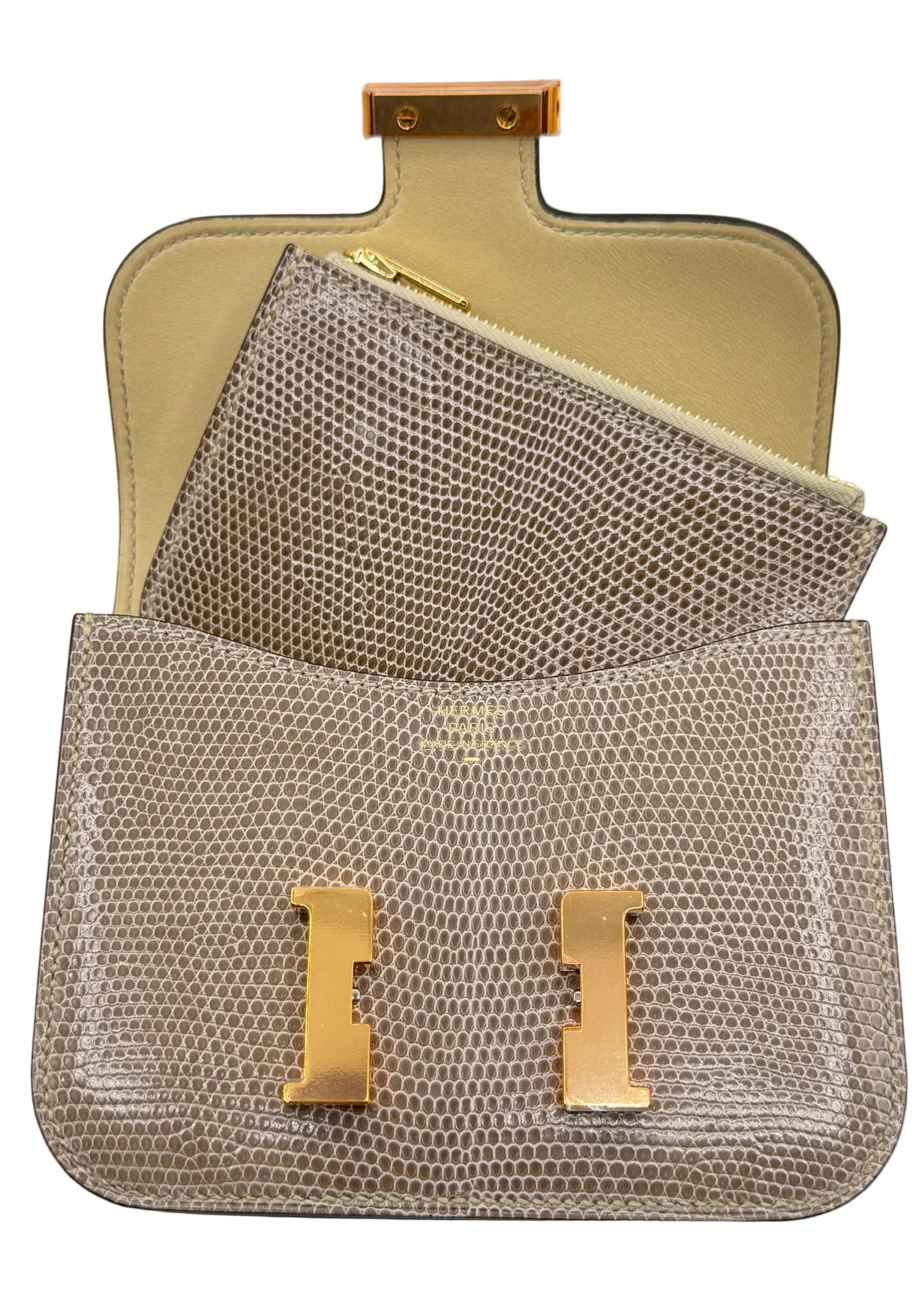 Hermès Constance Slim Wallet Shiny Niloticus Lizard Ficelle Rose Gold Hardware 