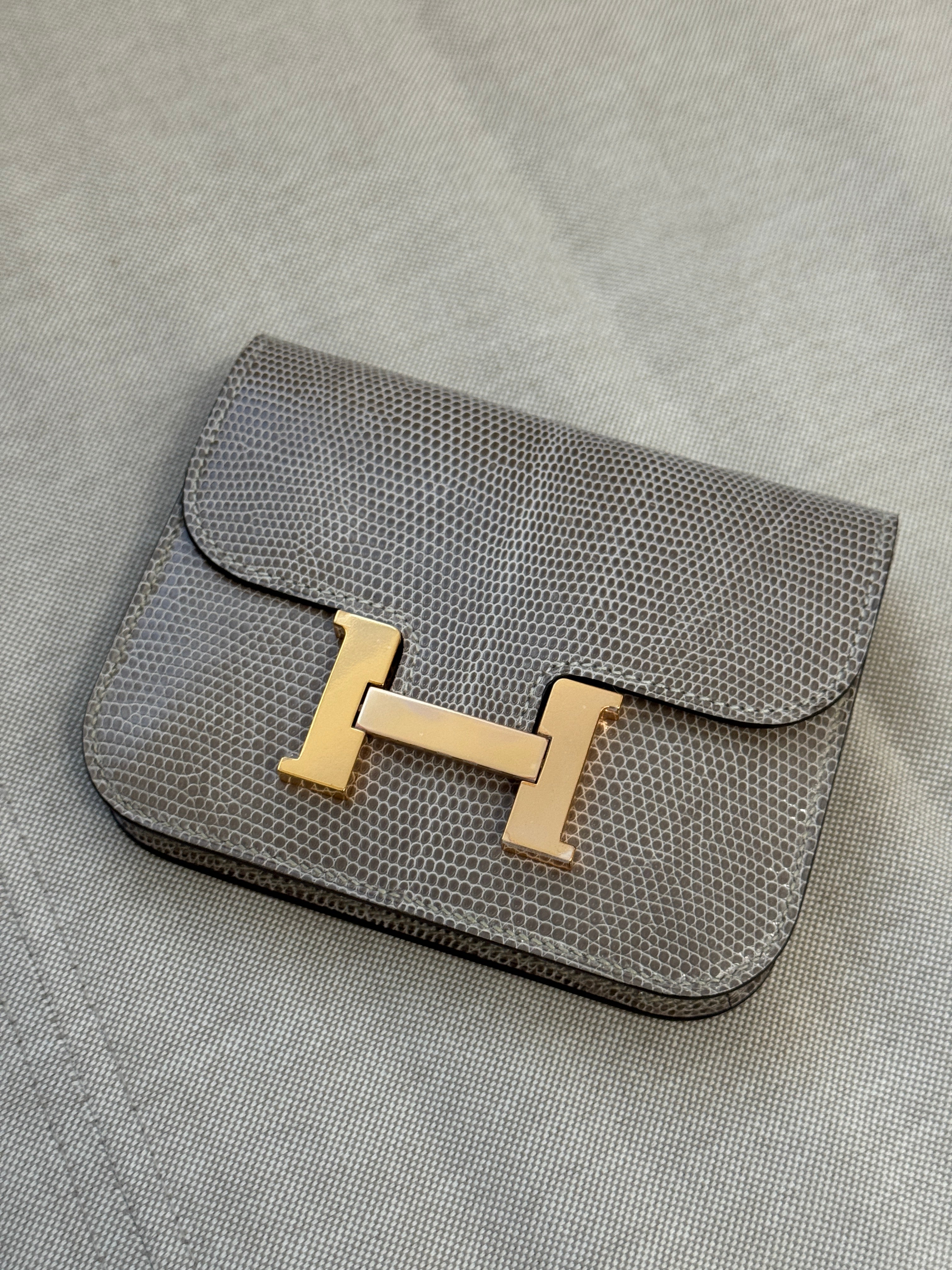 Hermès Constance Slim Wallet Shiny Niloticus Lizard Ficelle Rose Gold Hardware 