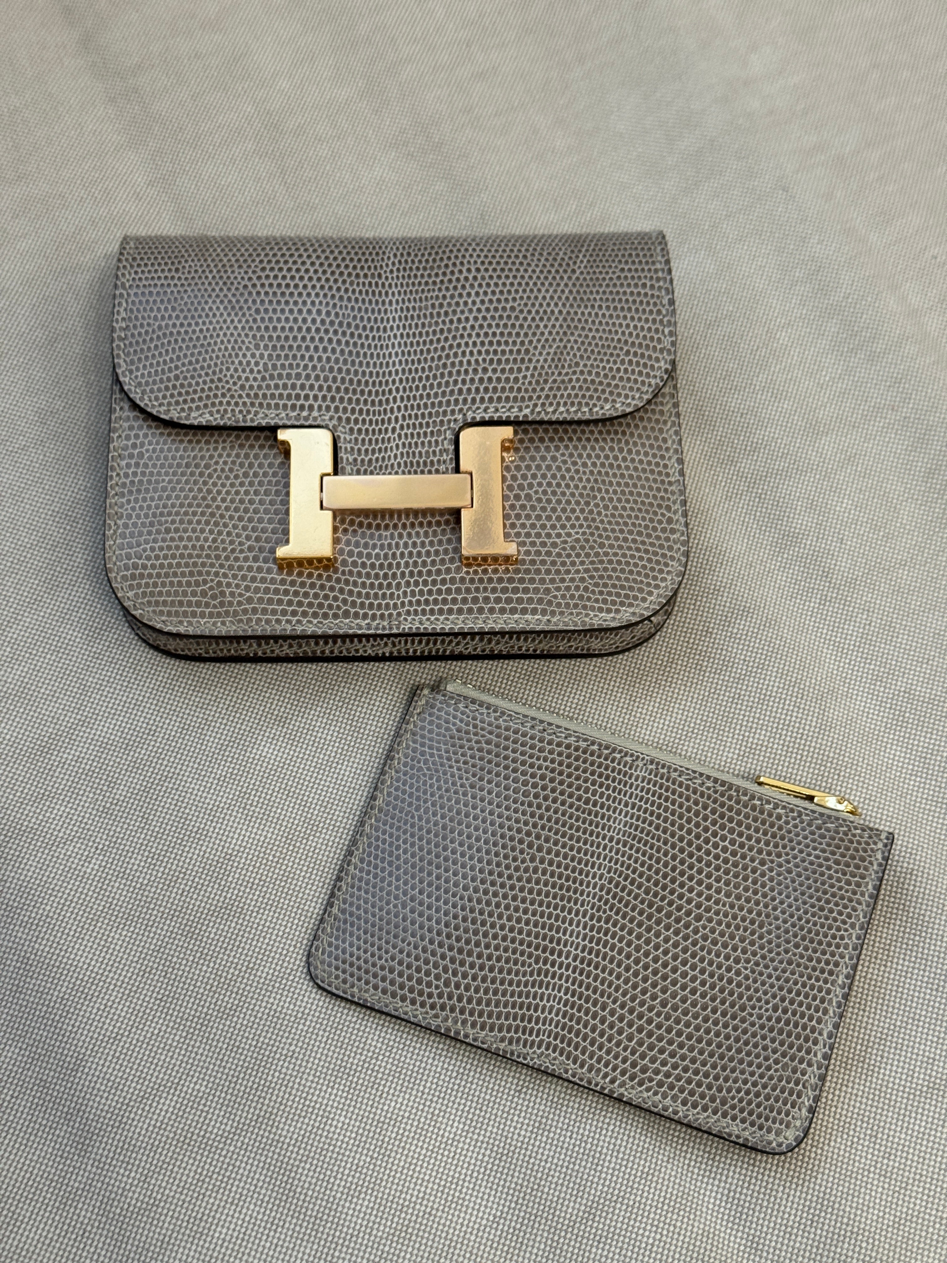Hermès Constance Slim Wallet Shiny Niloticus Lizard Ficelle Rose Gold Hardware 