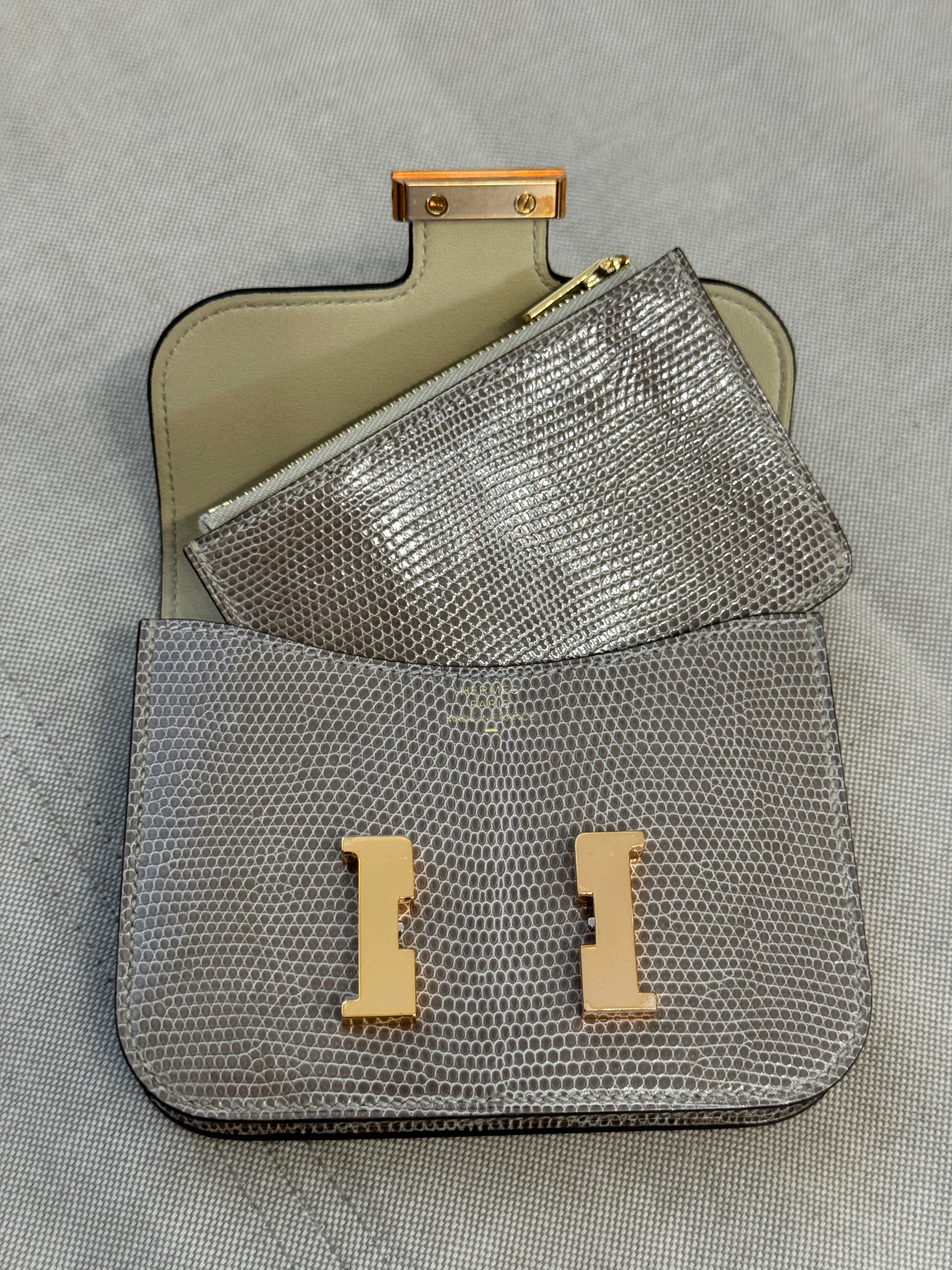 Hermès Constance Slim Wallet Shiny Niloticus Lizard Ficelle Rose Gold Hardware 