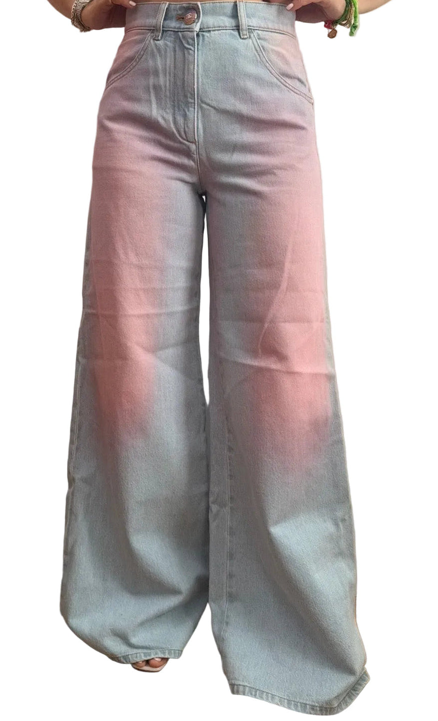 Chanel Blue Denim Pink Tie Dye Wide Leg Jeans