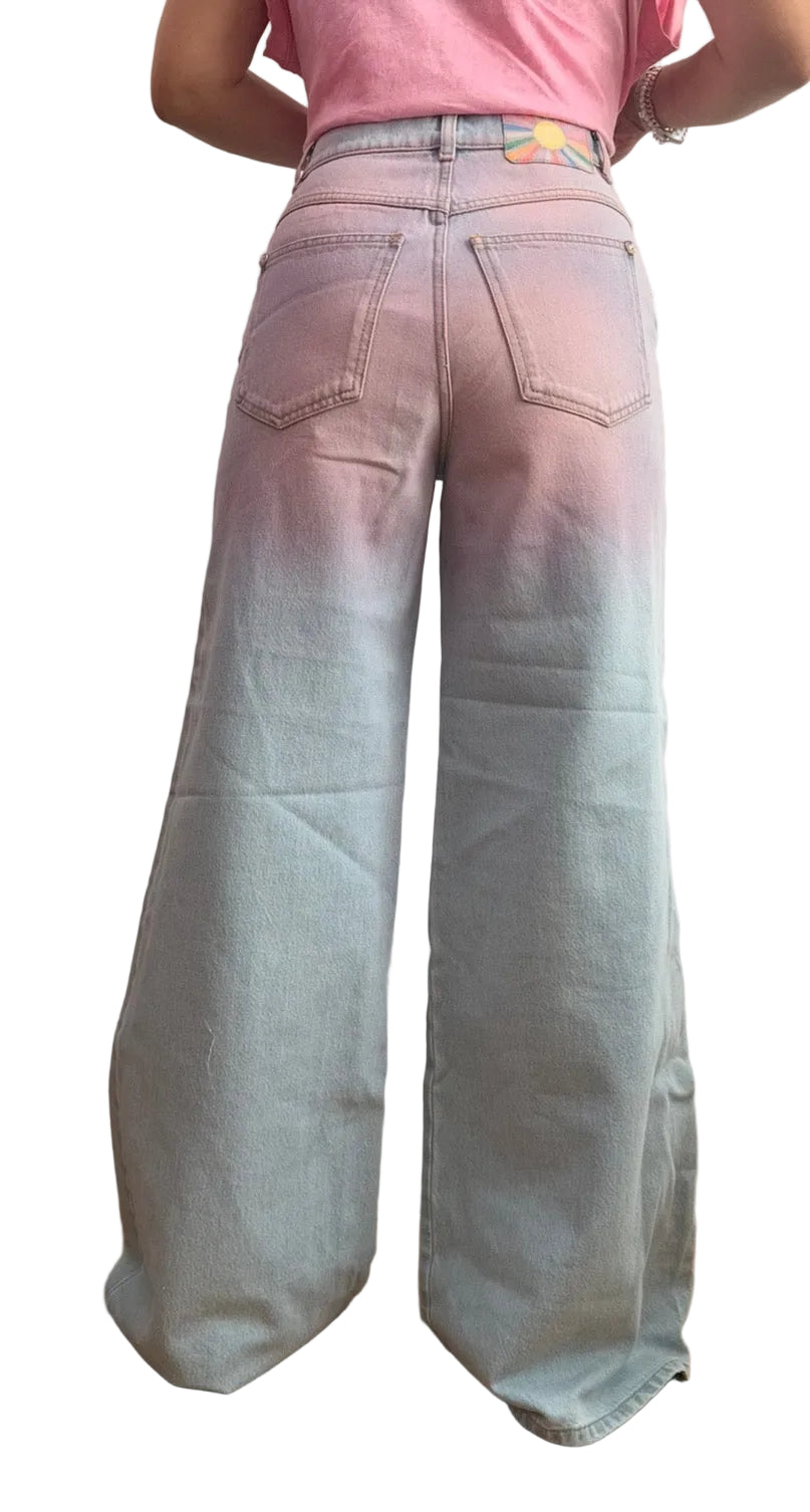 Chanel Blue Denim Pink Tie Dye Wide Leg Jeans