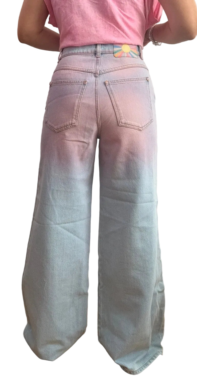 Chanel Blue Denim Pink Tie Dye Wide Leg Jeans