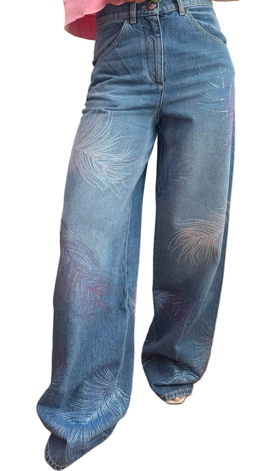 Chanel Blue Wide Leg Jeans Crystal Feather