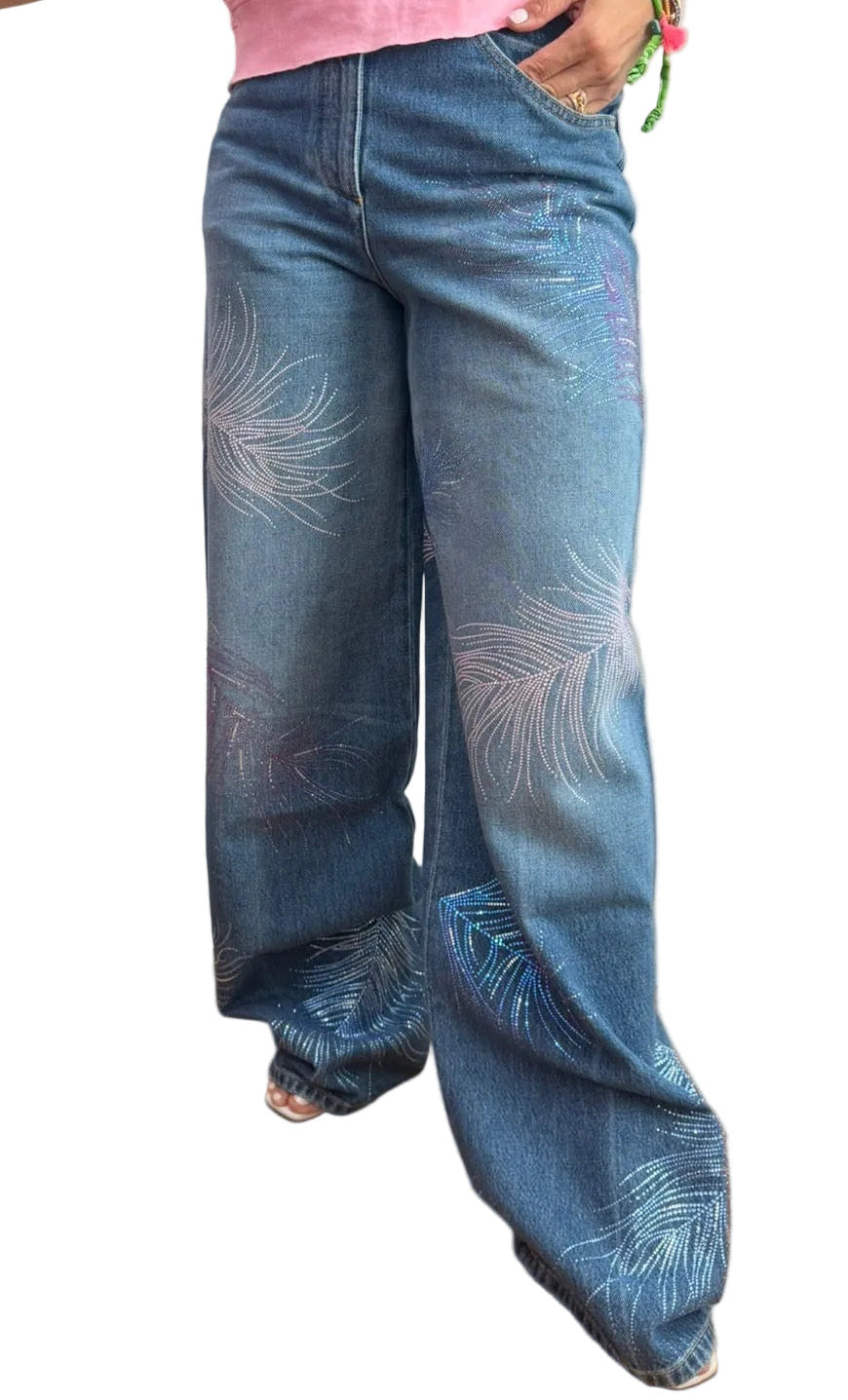 Chanel Blue Wide Leg Jeans Crystal Feather