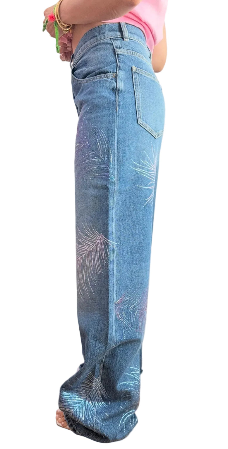 Chanel Blue Wide Leg Jeans Crystal Feather