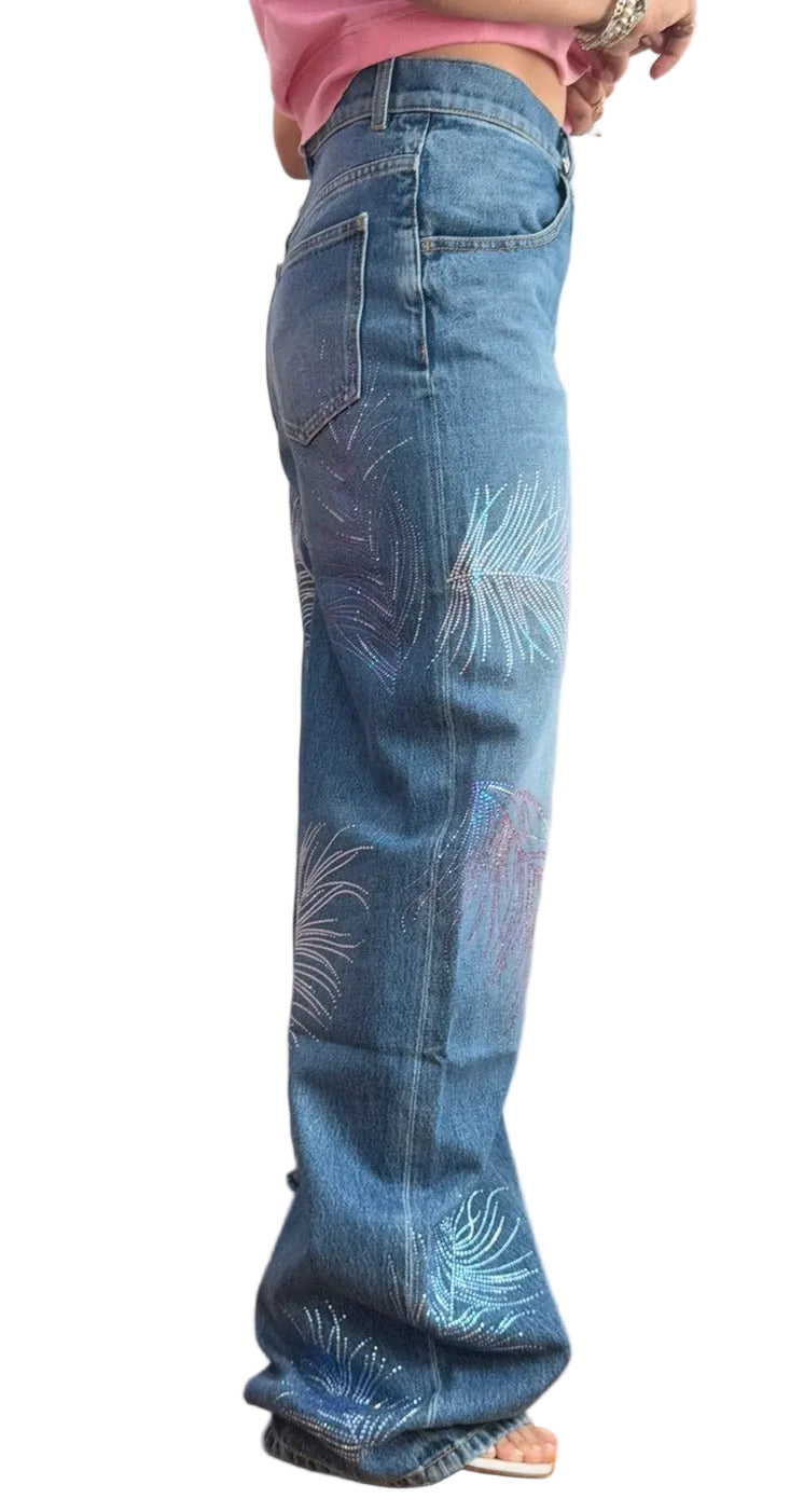 Chanel Blue Wide Leg Jeans Crystal Feather