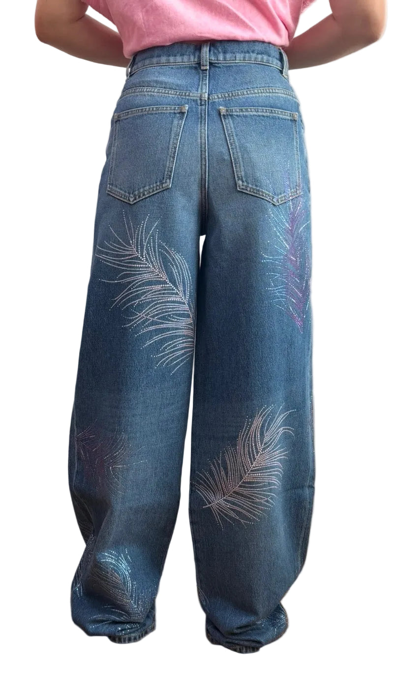 Chanel Blue Wide Leg Jeans Crystal Feather