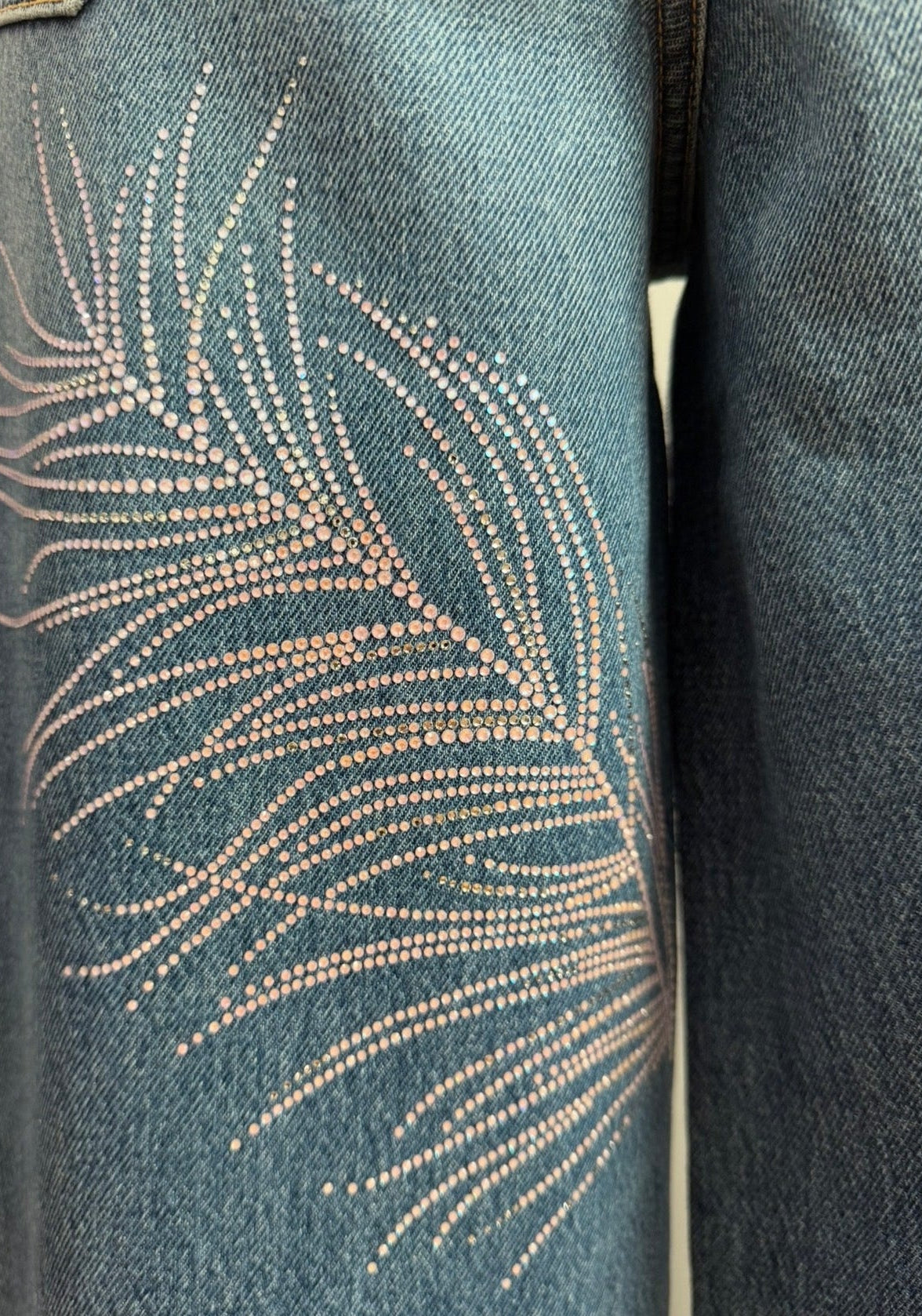 Chanel Blue Wide Leg Jeans Crystal Feather