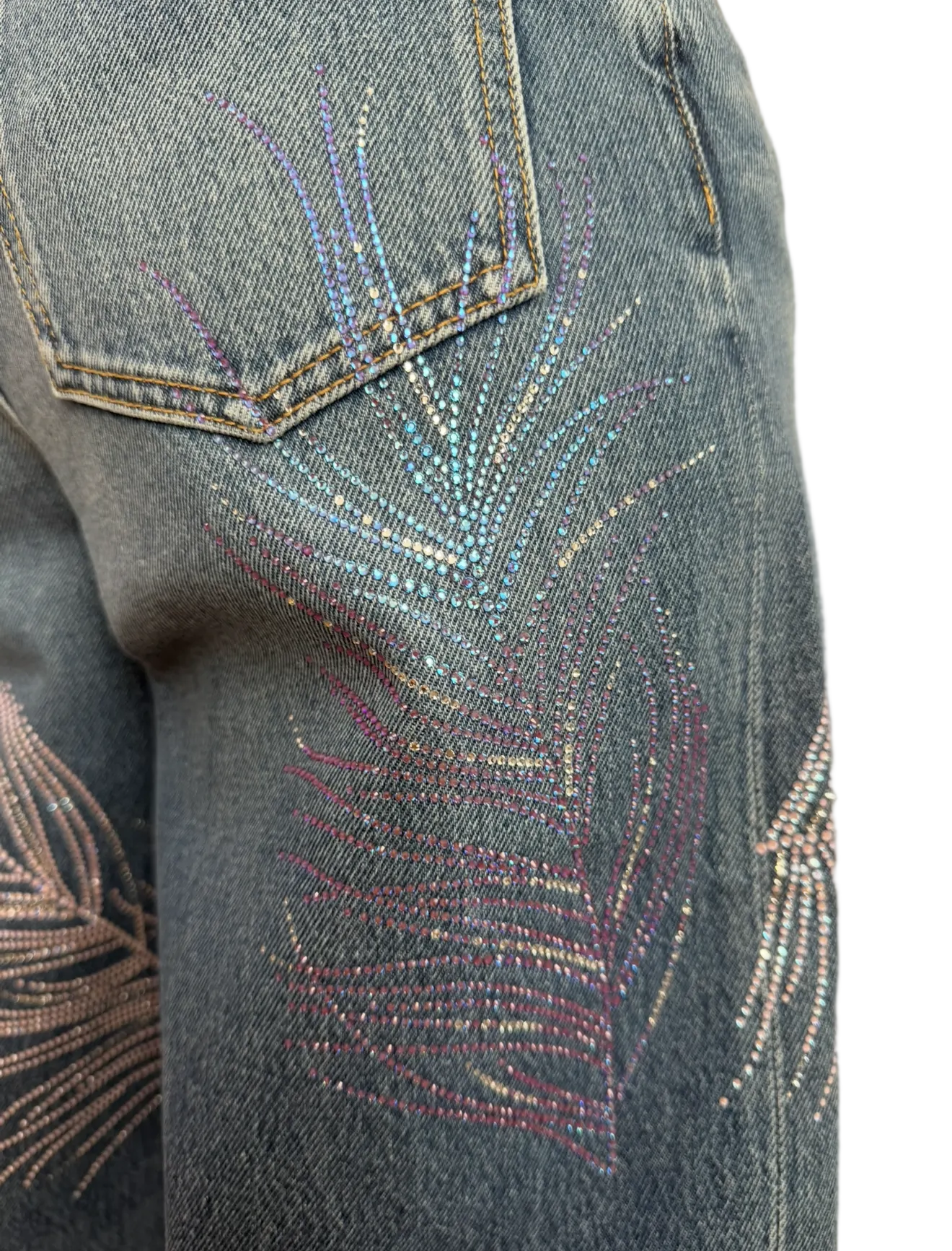 Chanel Blue Wide Leg Jeans Crystal Feather