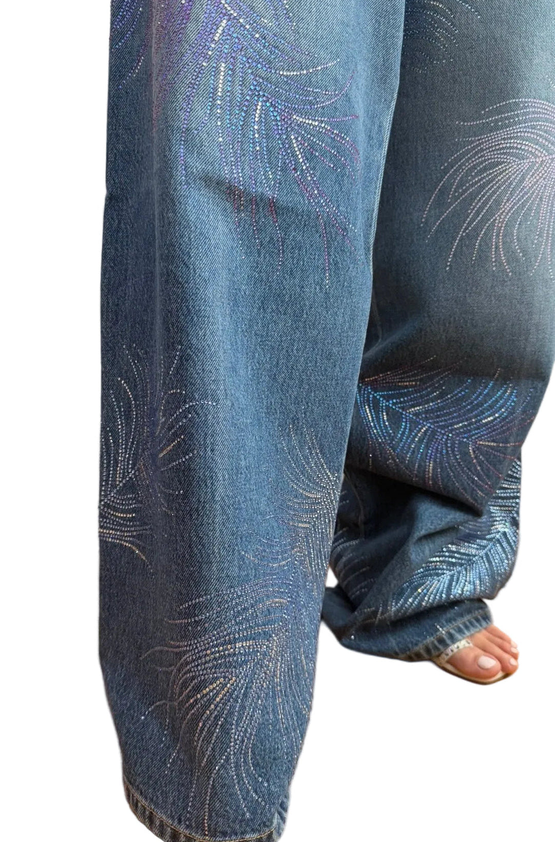 Chanel Blue Wide Leg Jeans Crystal Feather