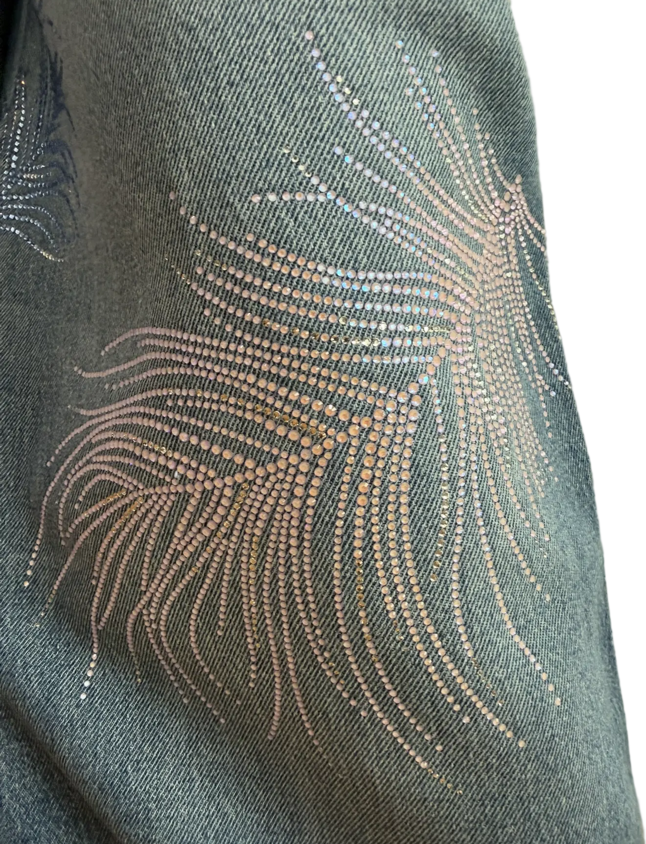 Chanel Blue Wide Leg Jeans Crystal Feather